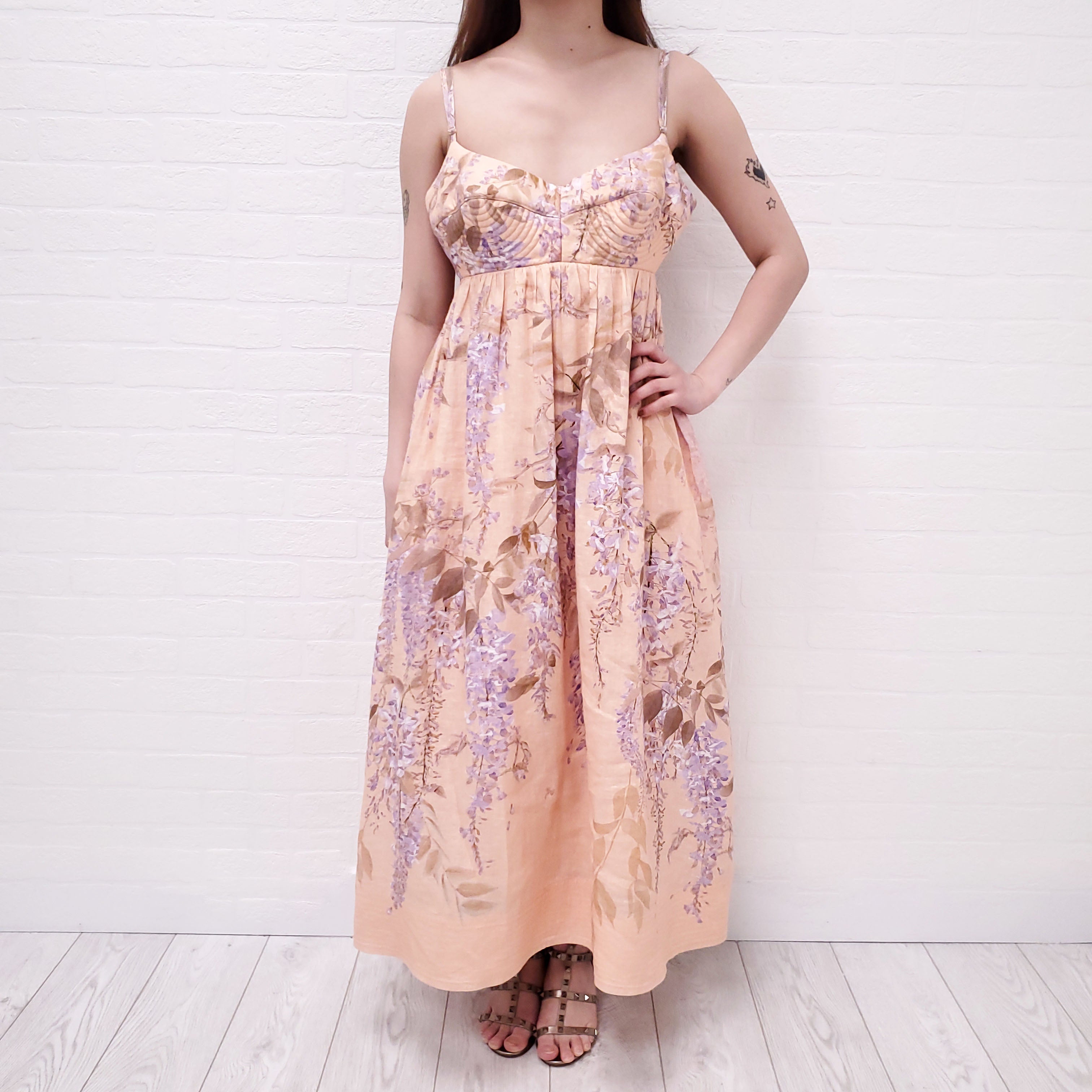 ZIMMERMANN PEACH AND PURPLE FLORAL BRALETTE MIDI DRESS - SIZE 3/L