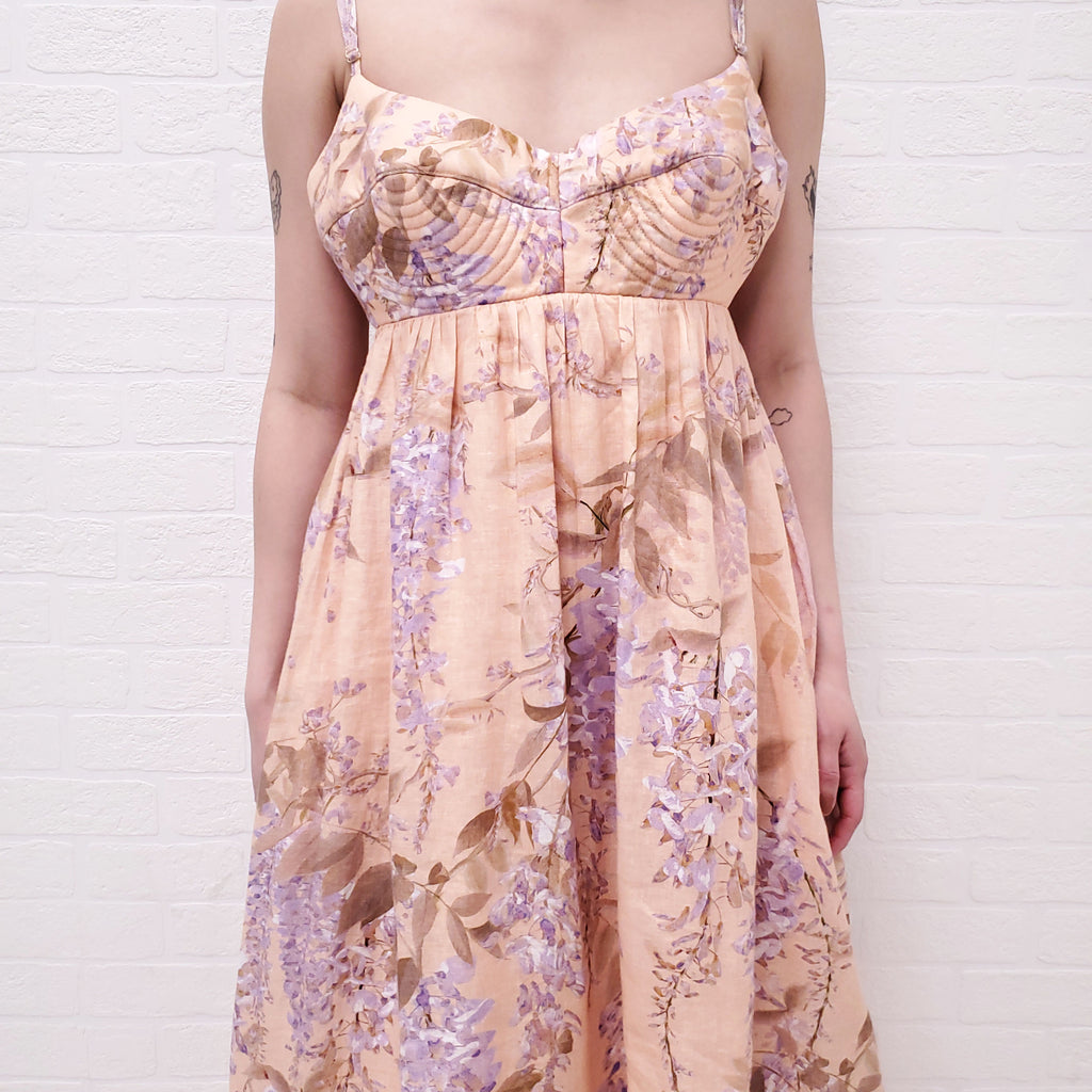 ZIMMERMANN PEACH AND PURPLE FLORAL BRALETTE MIDI DRESS - SIZE 3/L