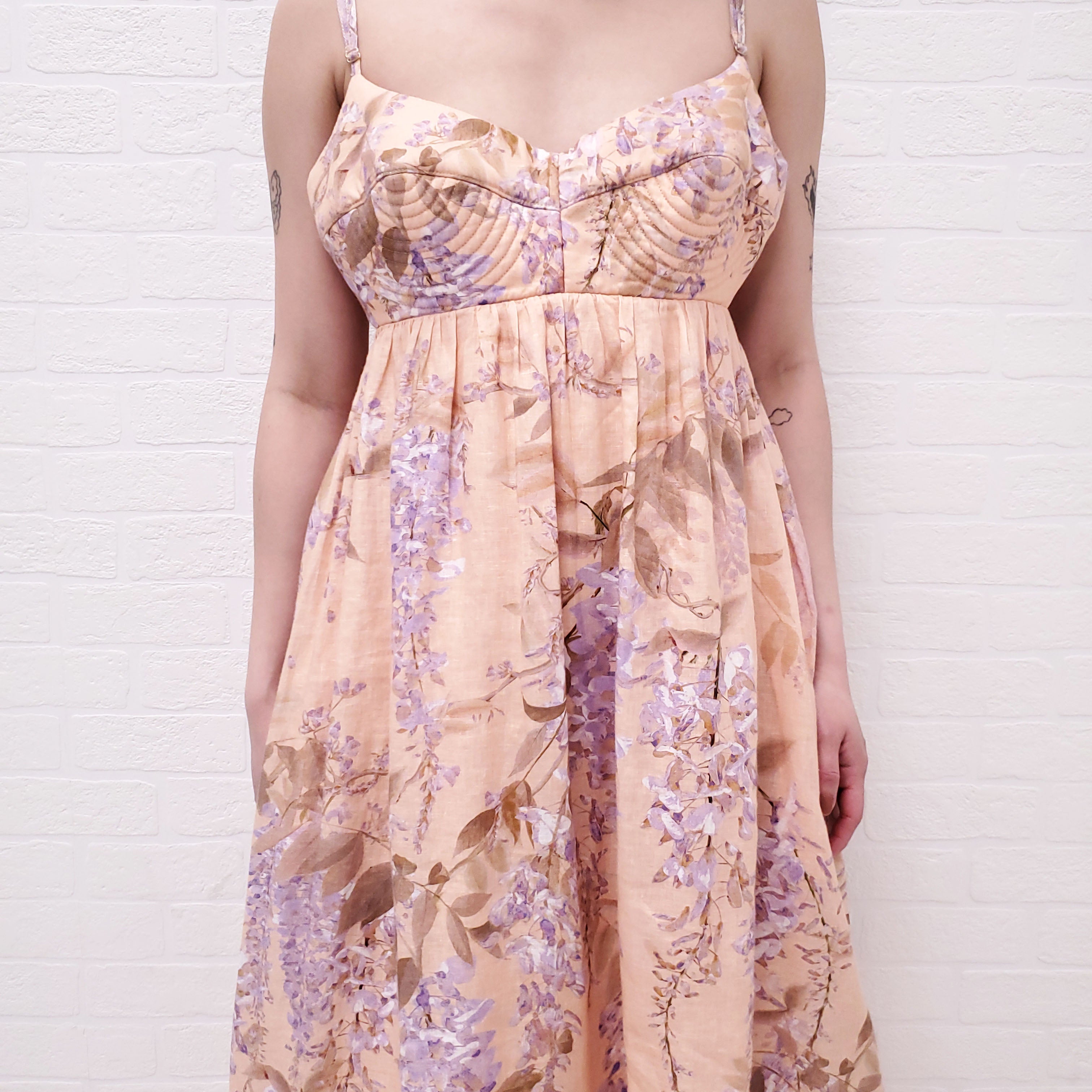 ZIMMERMANN PEACH AND PURPLE FLORAL BRALETTE MIDI DRESS - SIZE 3/L