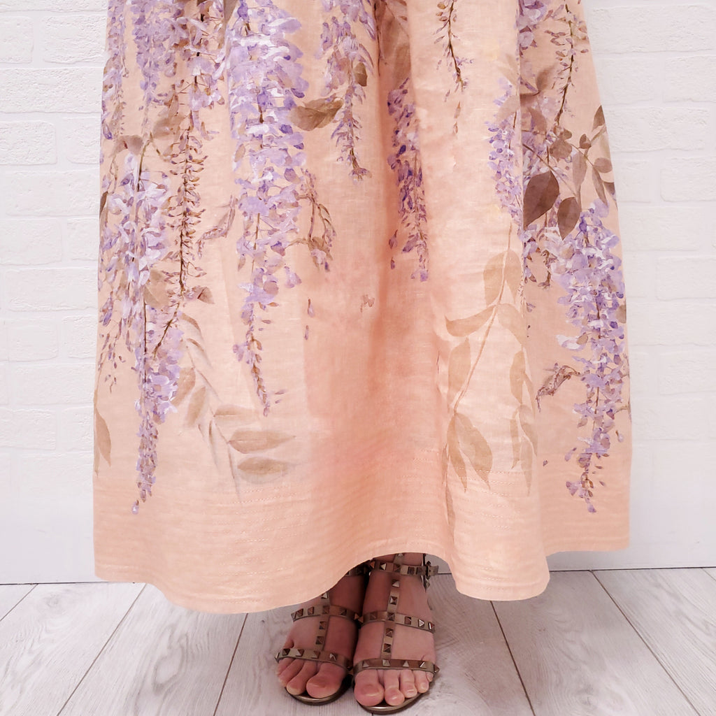 ZIMMERMANN PEACH AND PURPLE FLORAL BRALETTE MIDI DRESS - SIZE 3/L