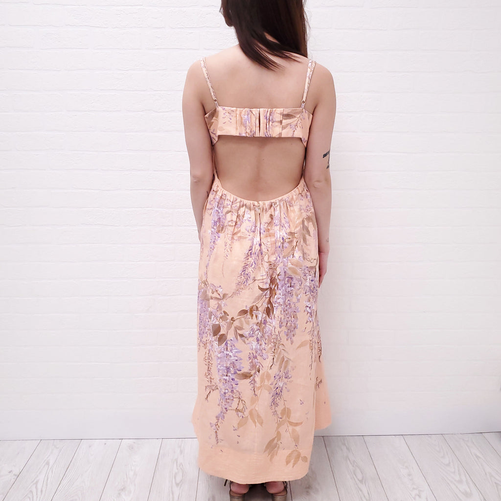 ZIMMERMANN PEACH AND PURPLE FLORAL BRALETTE MIDI DRESS - SIZE 3/L