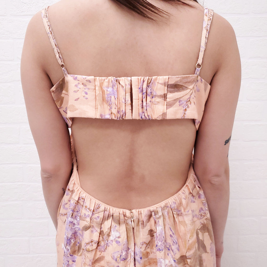 ZIMMERMANN PEACH AND PURPLE FLORAL BRALETTE MIDI DRESS - SIZE 3/L