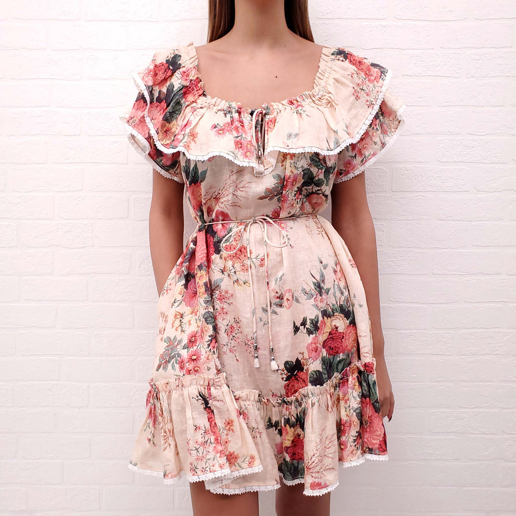 ZIMMERMANN PEACH FLORAL LINEN RUFFLE DRESS - SIZE 1/S