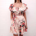 ZIMMERMANN PEACH FLORAL LINEN RUFFLE DRESS - SIZE 1/S