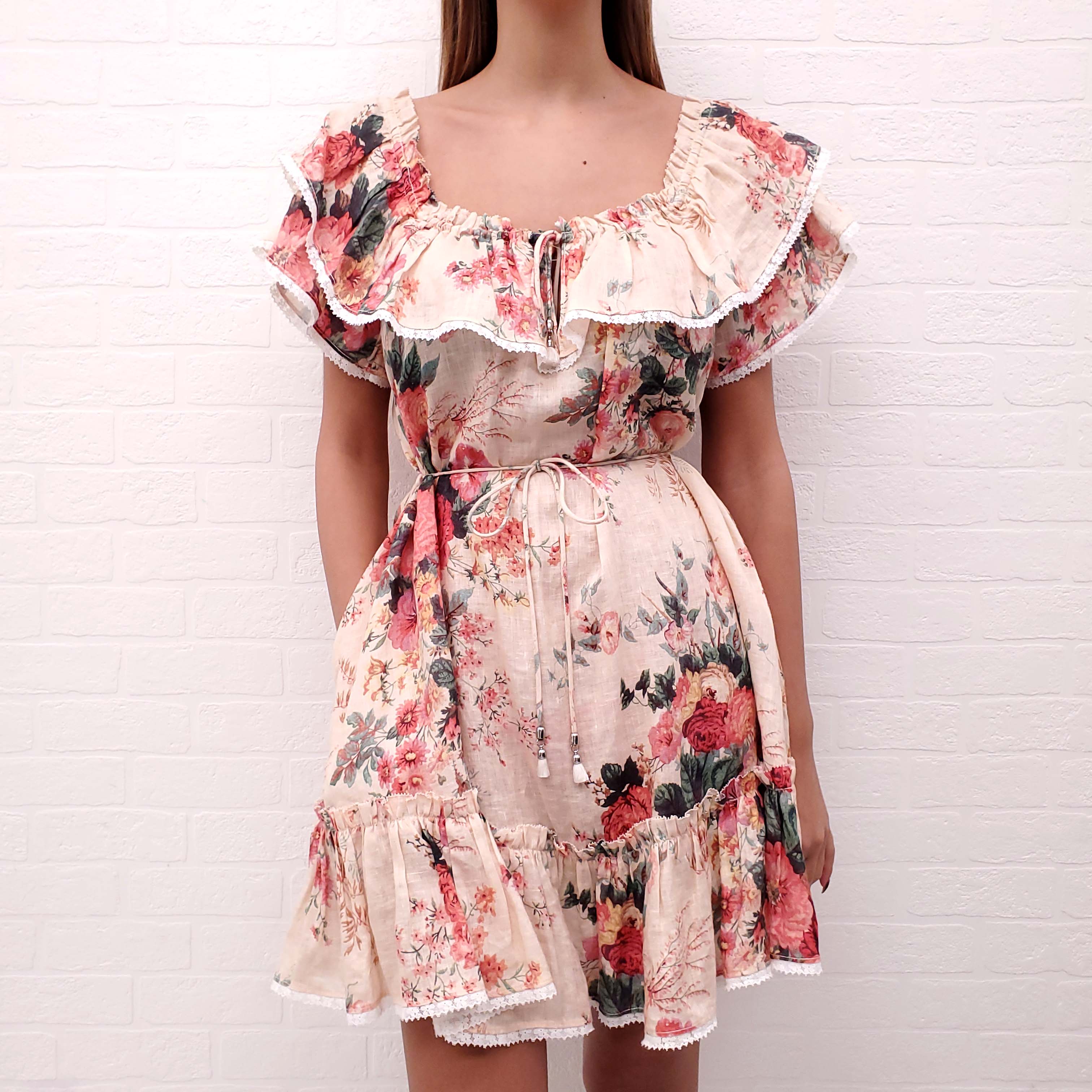 ZIMMERMANN PEACH FLORAL LINEN RUFFLE DRESS - SIZE 1/S