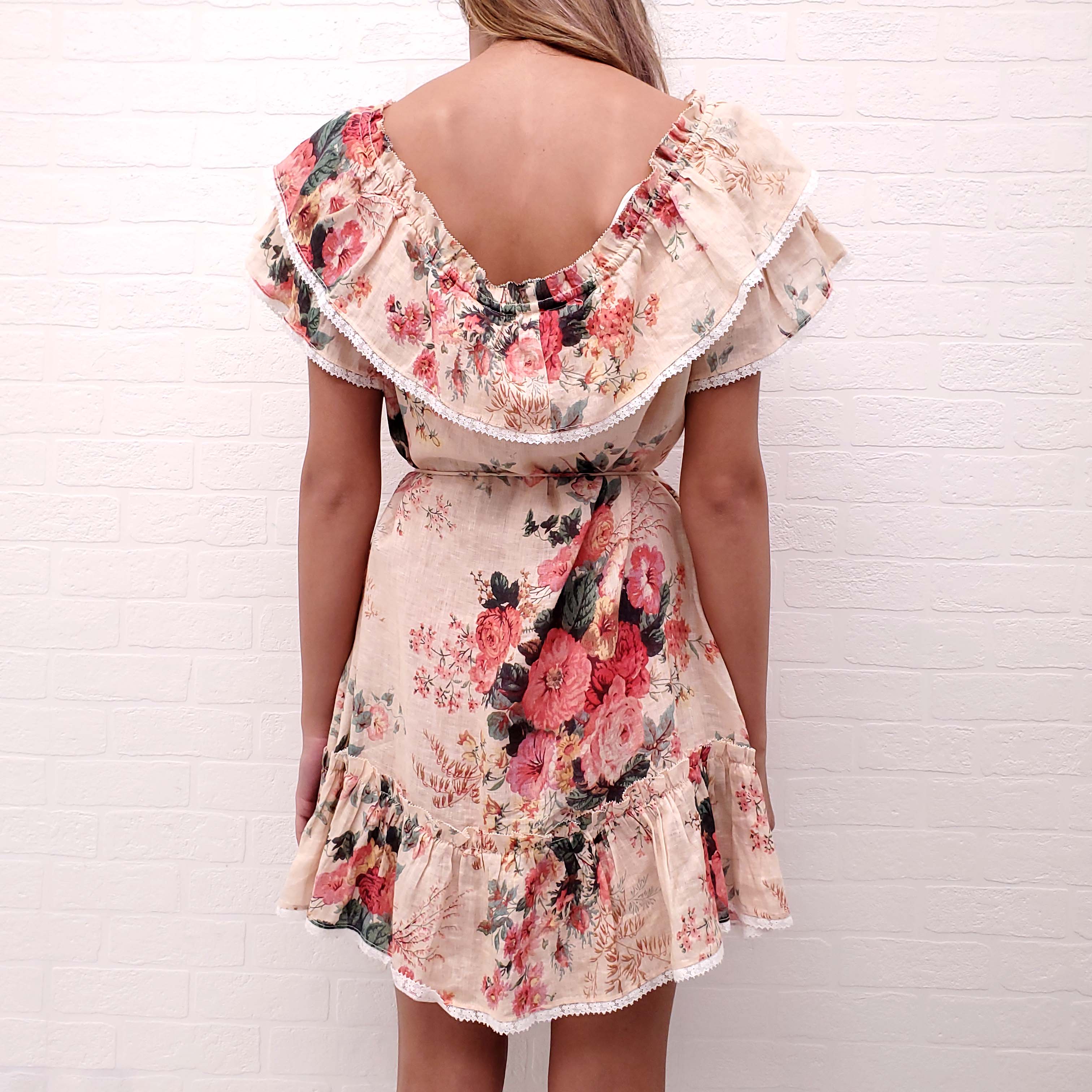 ZIMMERMANN PEACH FLORAL LINEN RUFFLE DRESS - SIZE 1/S
