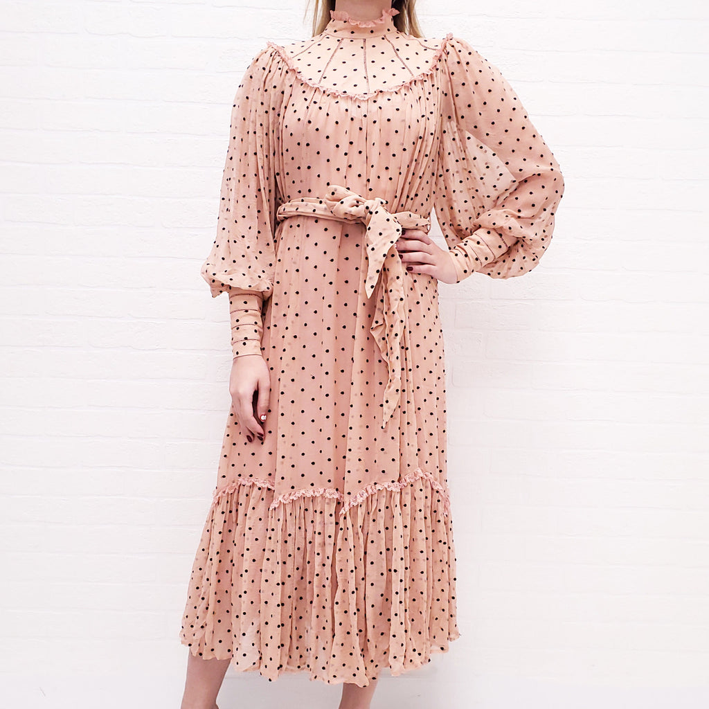 ZIMMERMANN PINK AND BLACK POLKA DOT RUFFLE GOWN WITH BELT - SIZE 0/XS