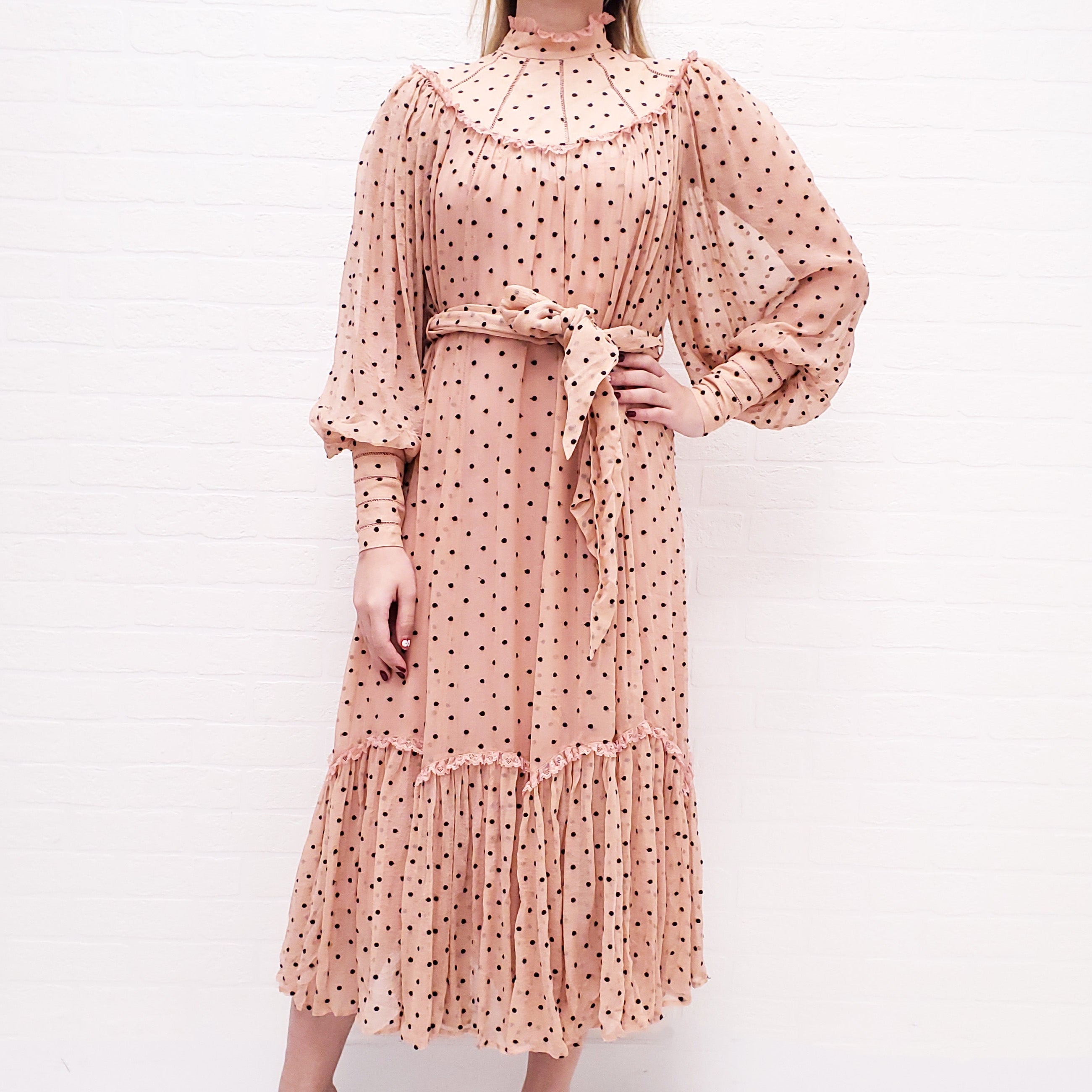 ZIMMERMANN PINK AND BLACK POLKA DOT RUFFLE GOWN WITH BELT - SIZE 0/XS