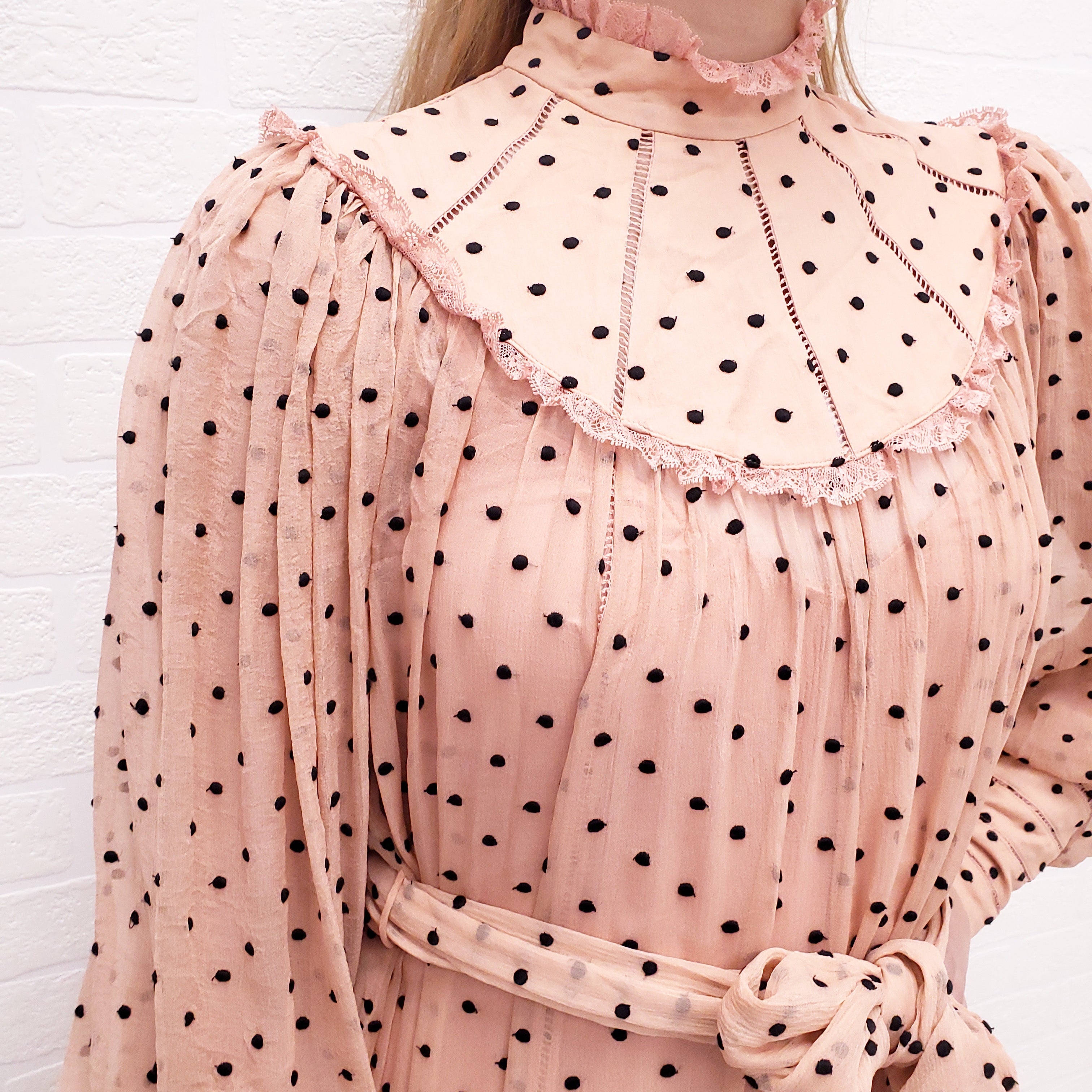 ZIMMERMANN PINK AND BLACK POLKA DOT RUFFLE GOWN WITH BELT - SIZE 0/XS