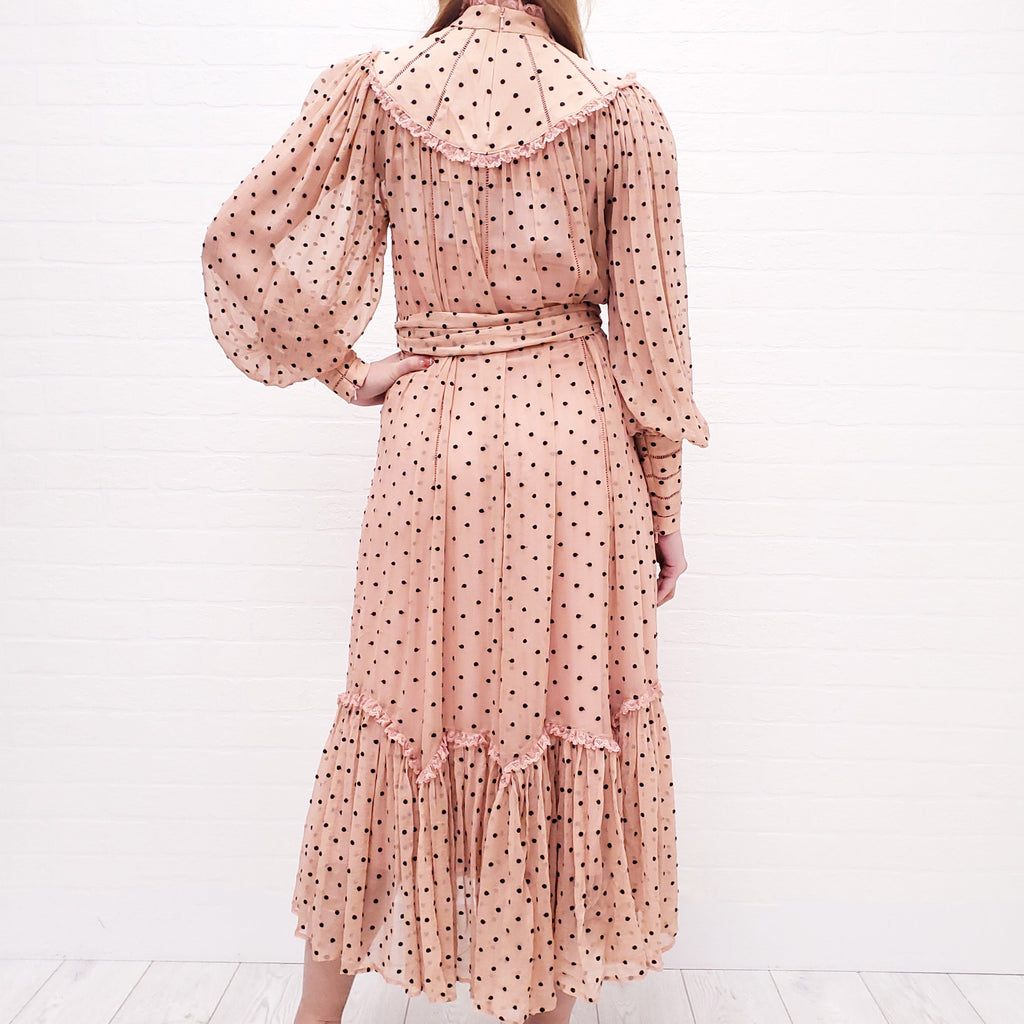 ZIMMERMANN PINK AND BLACK POLKA DOT RUFFLE GOWN WITH BELT - SIZE 0/XS