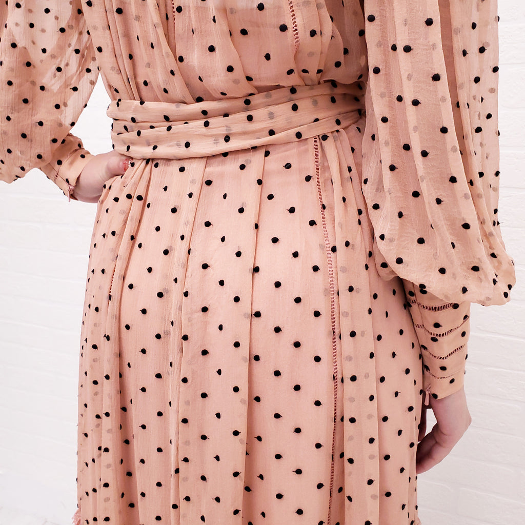ZIMMERMANN PINK AND BLACK POLKA DOT RUFFLE GOWN WITH BELT - SIZE 0/XS