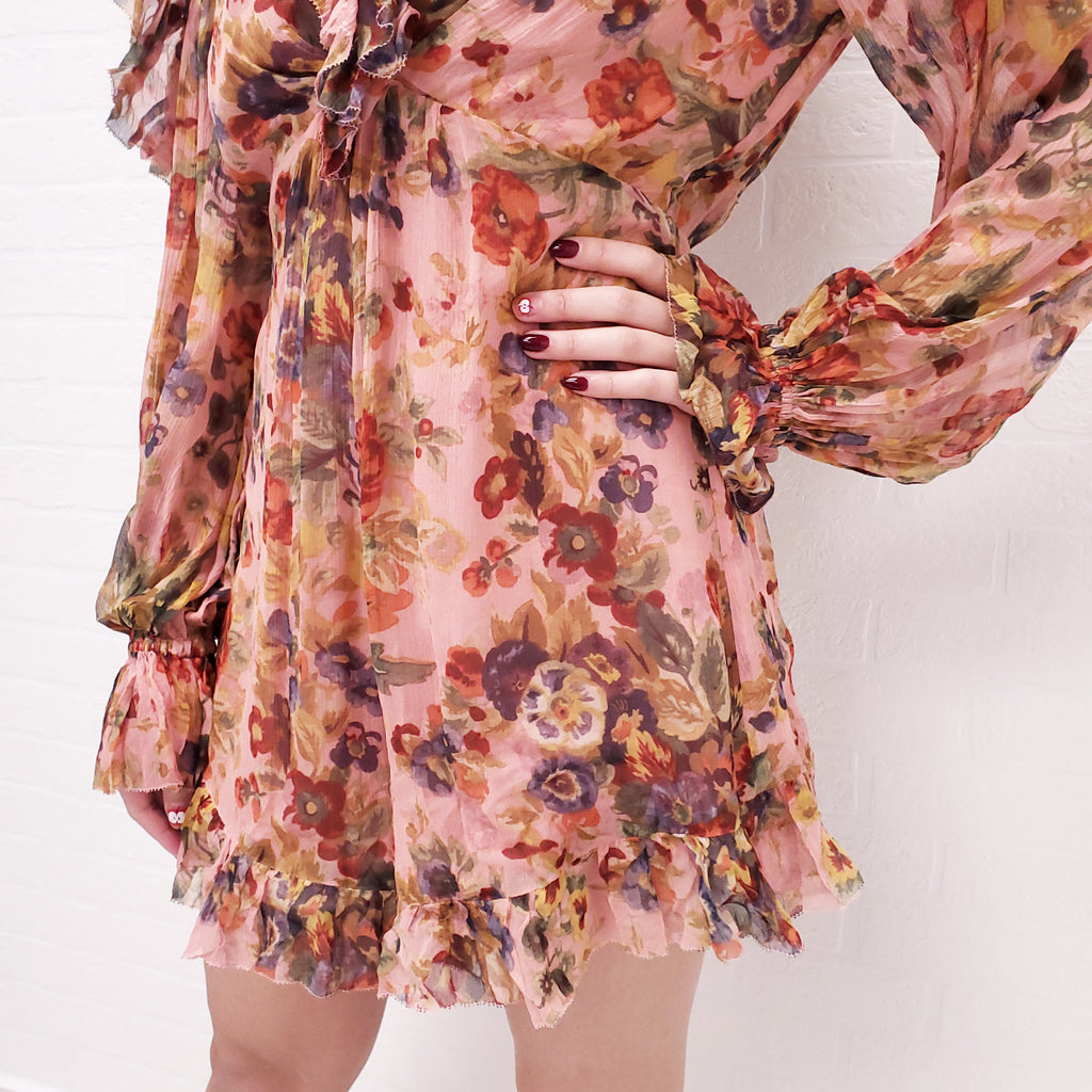 ZIMMERMANN PINK FLORAL LONG SLEEVE ROMPER - SIZE 0/XS