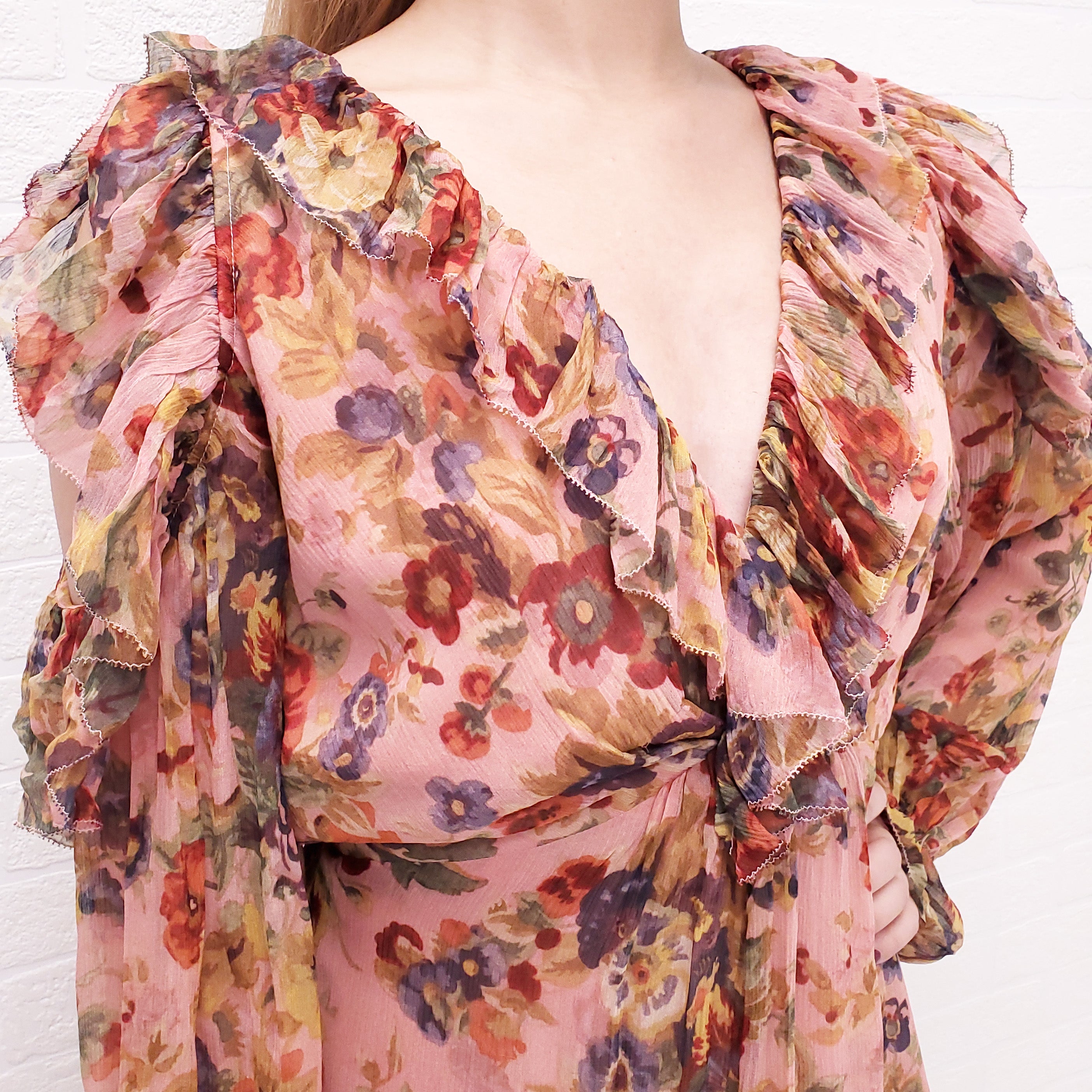 ZIMMERMANN PINK FLORAL LONG SLEEVE ROMPER - SIZE 0/XS