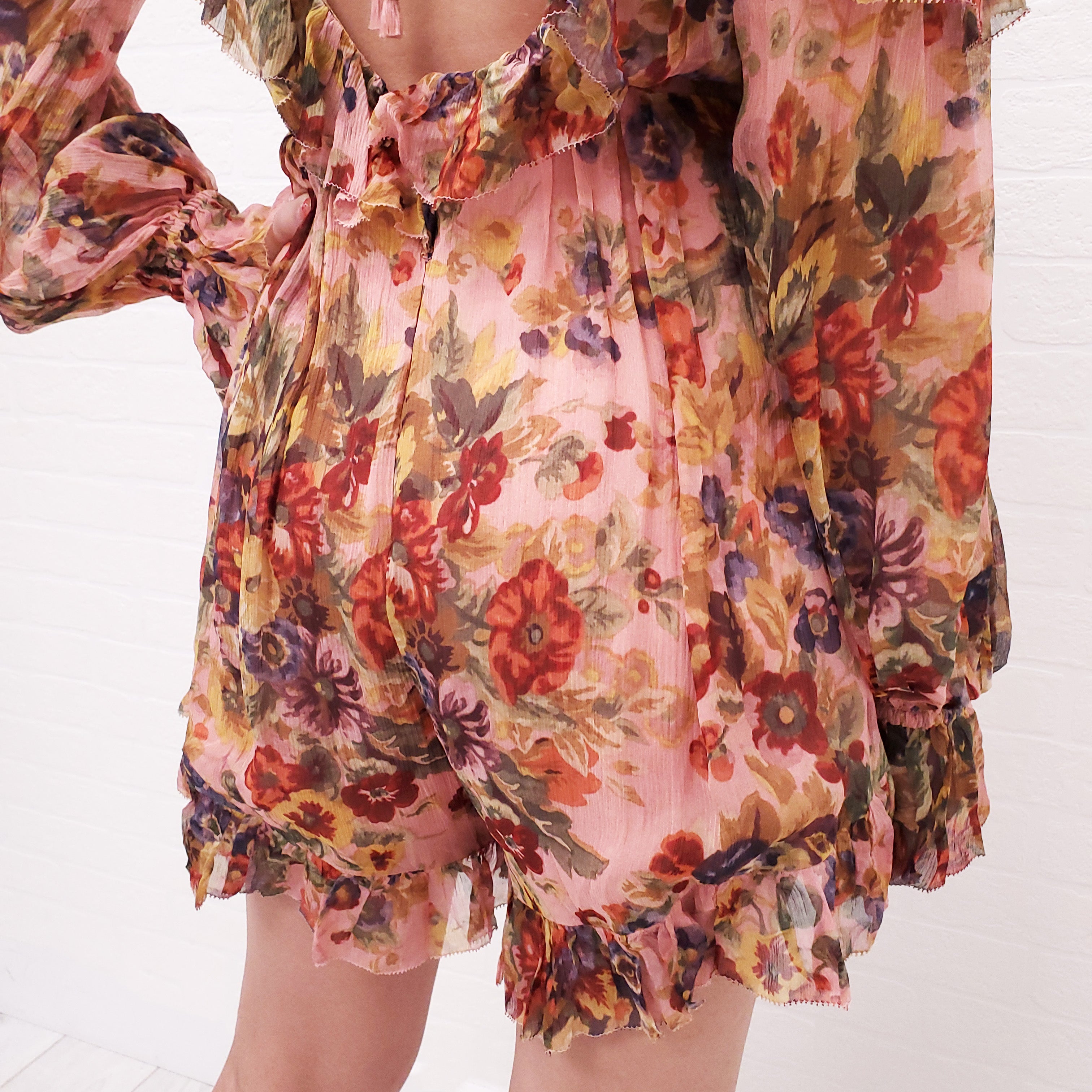 ZIMMERMANN PINK FLORAL LONG SLEEVE ROMPER - SIZE 0/XS