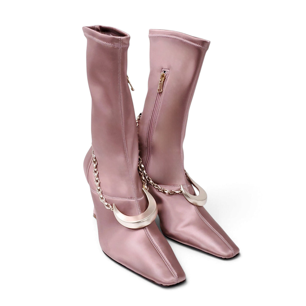 ZIMMERMANN PINK SATIN BOOTS WITH GOLD MOON DETAIL - SIZE 40