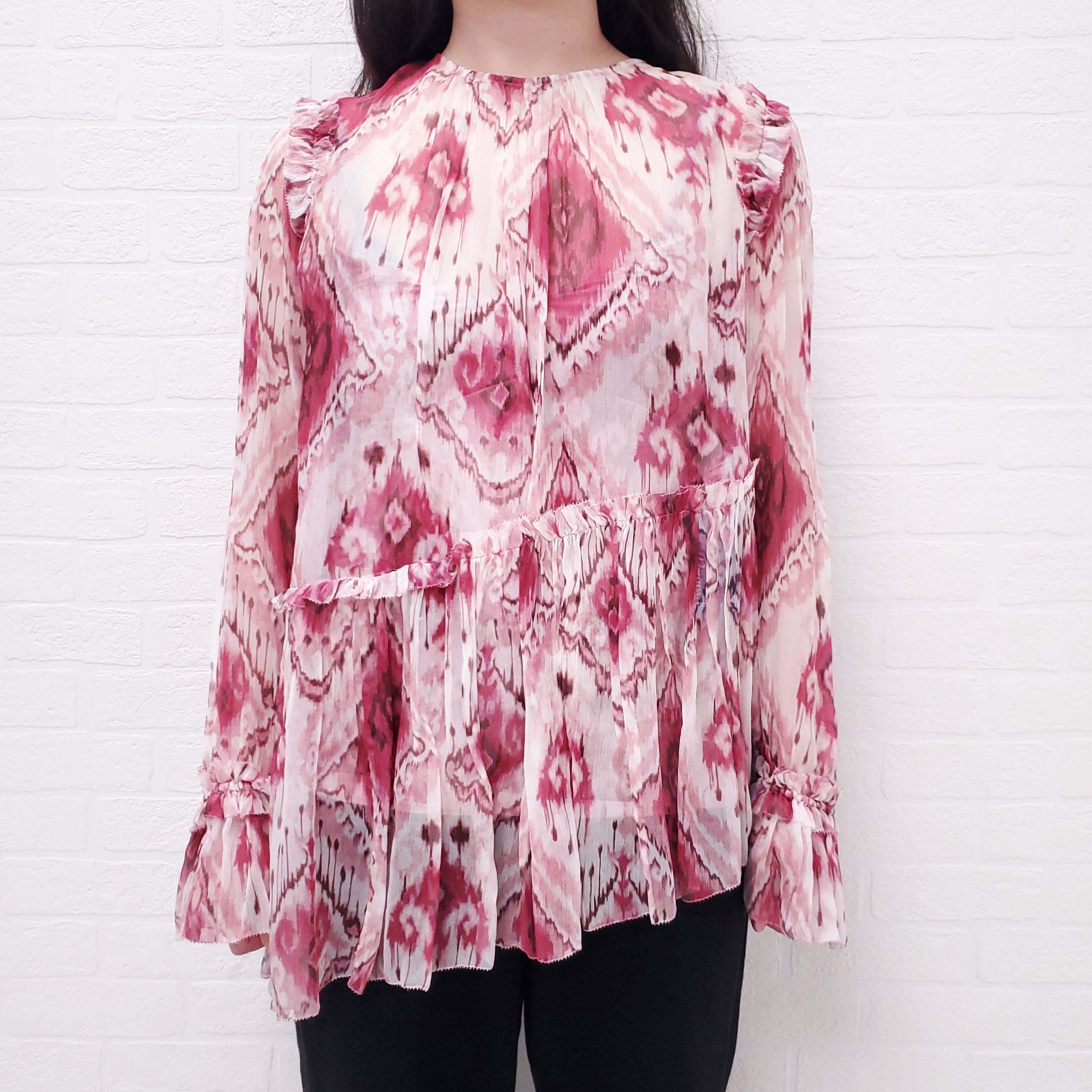 ZIMMERMANN RASPBERRY 'IKAT WAVELENGTH' ASYMMETRIC BLOUSE - SIZE 1/S