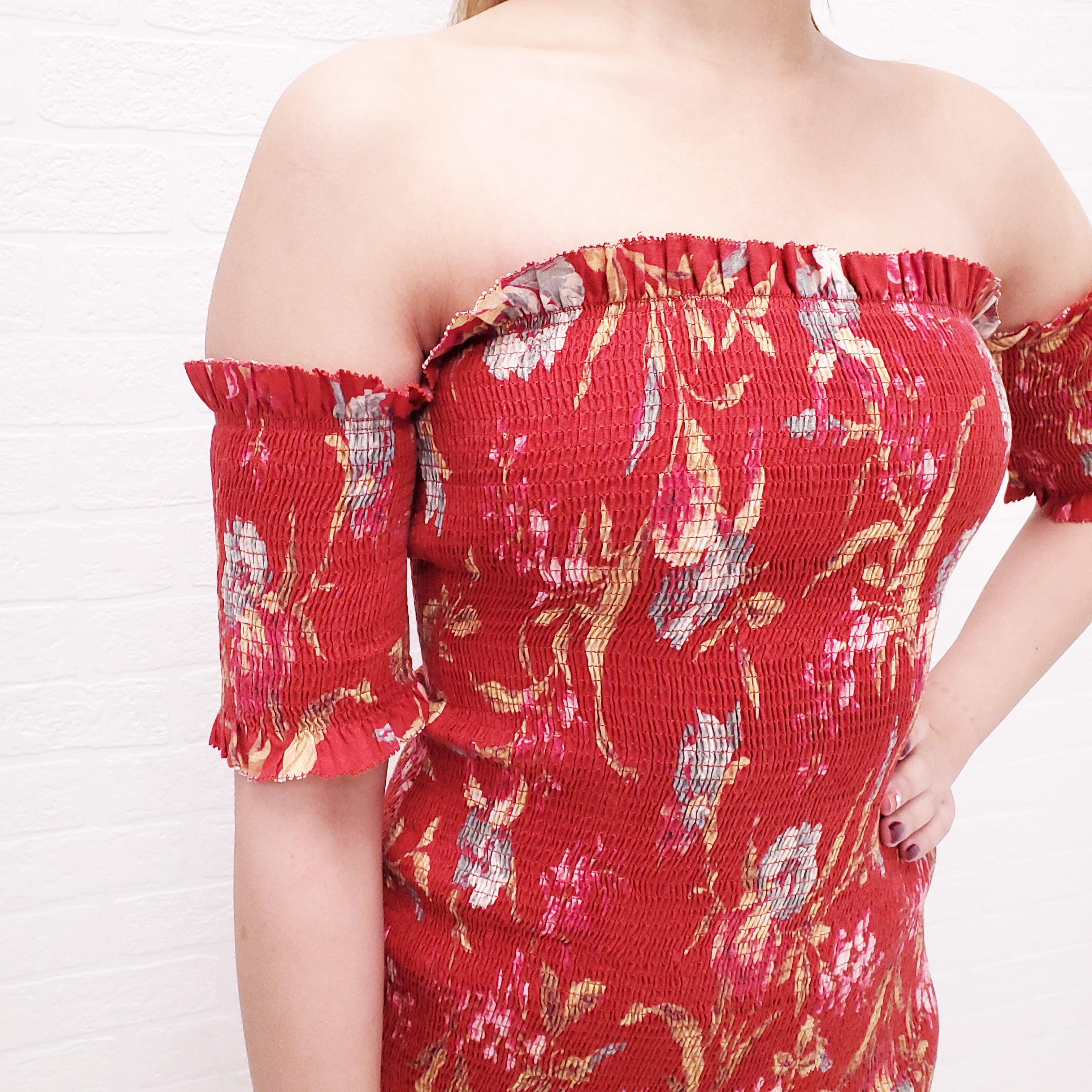 ZIMMERMANN RED FLORAL OFF THE SHOULDER DRESS - SIZE 1/S