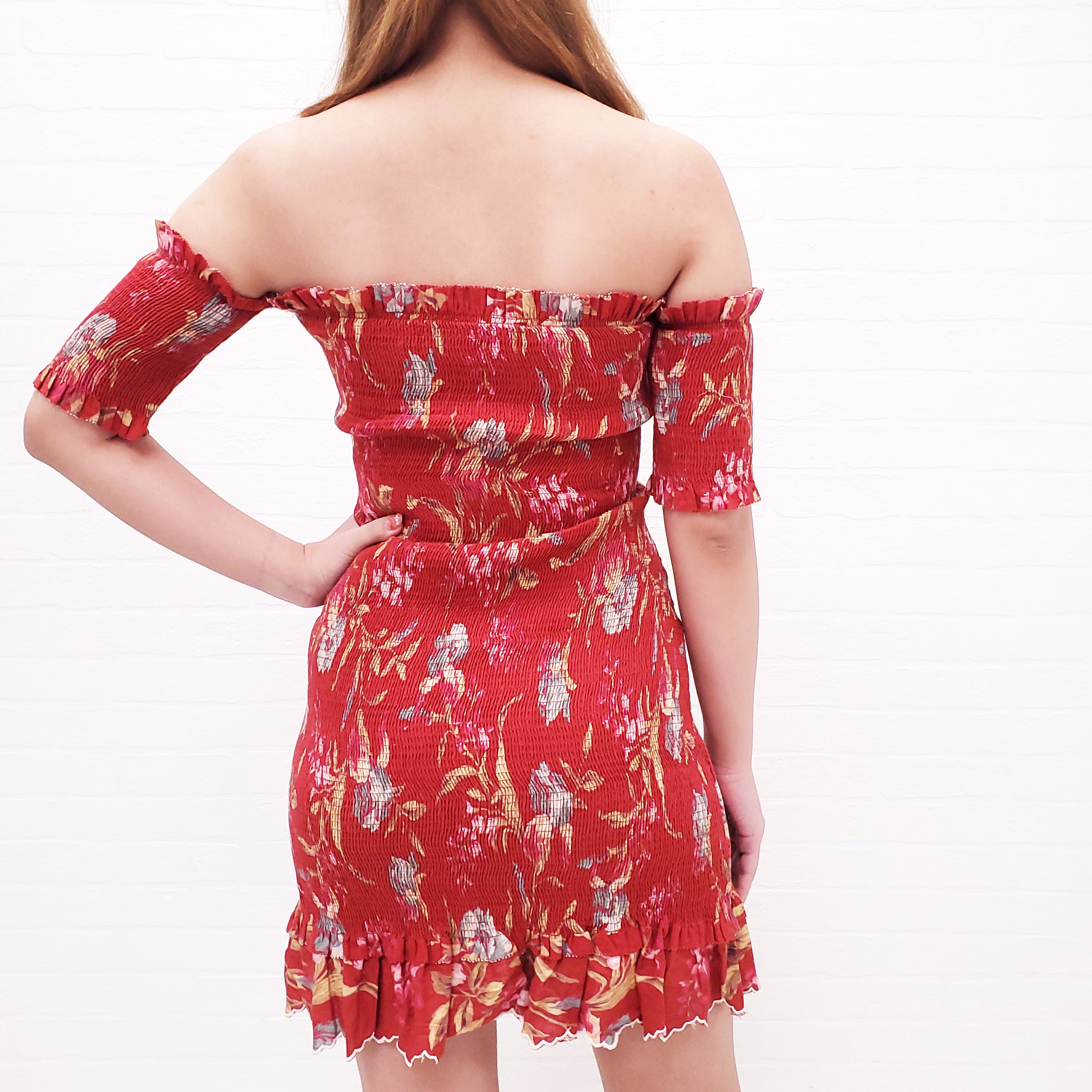 ZIMMERMANN RED FLORAL OFF THE SHOULDER DRESS - SIZE 1/S