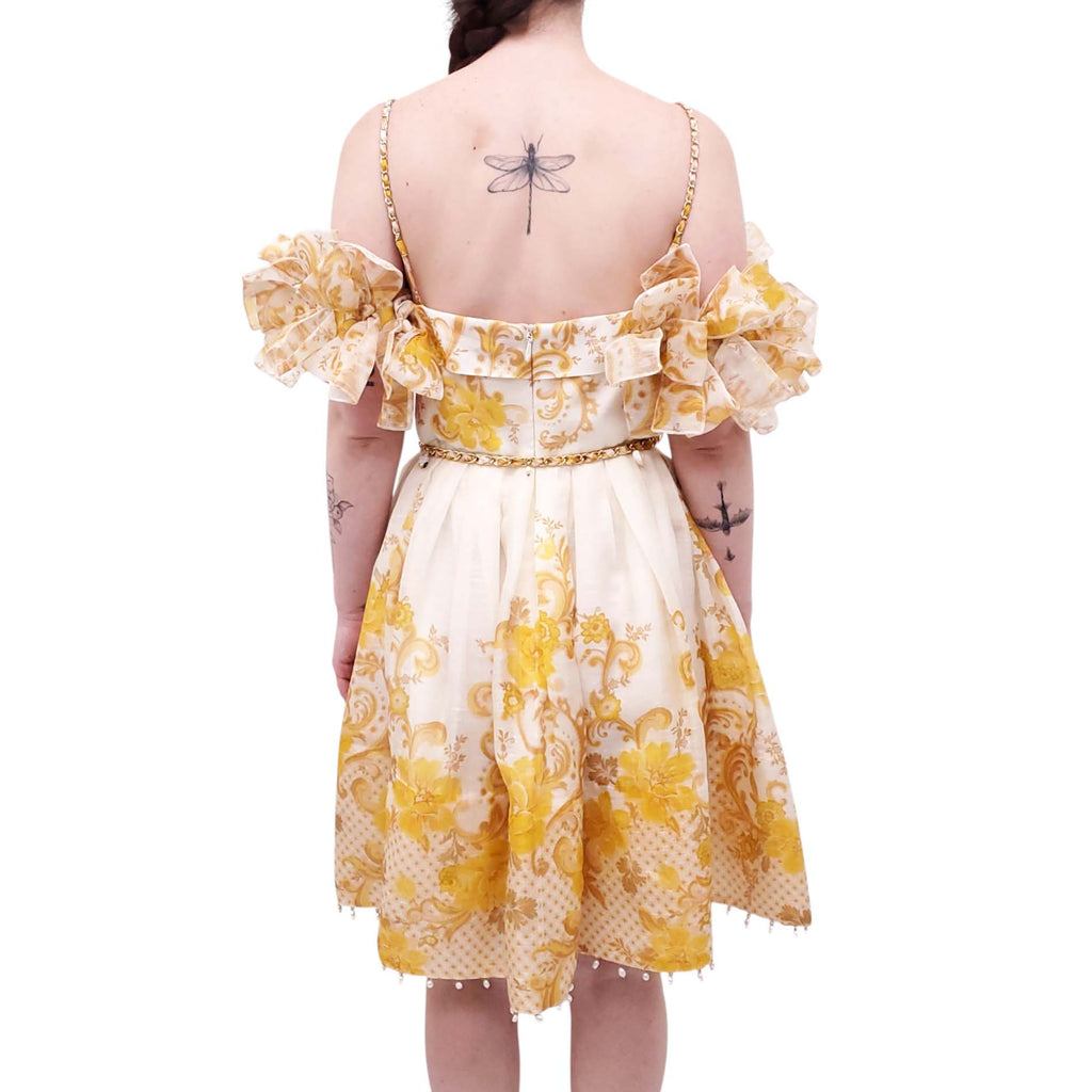 ZIMMERMANN WHITE AND YELLOW 'POSTCARD BOW BODICE' MINI DRESS - SIZE 2 (US 8)