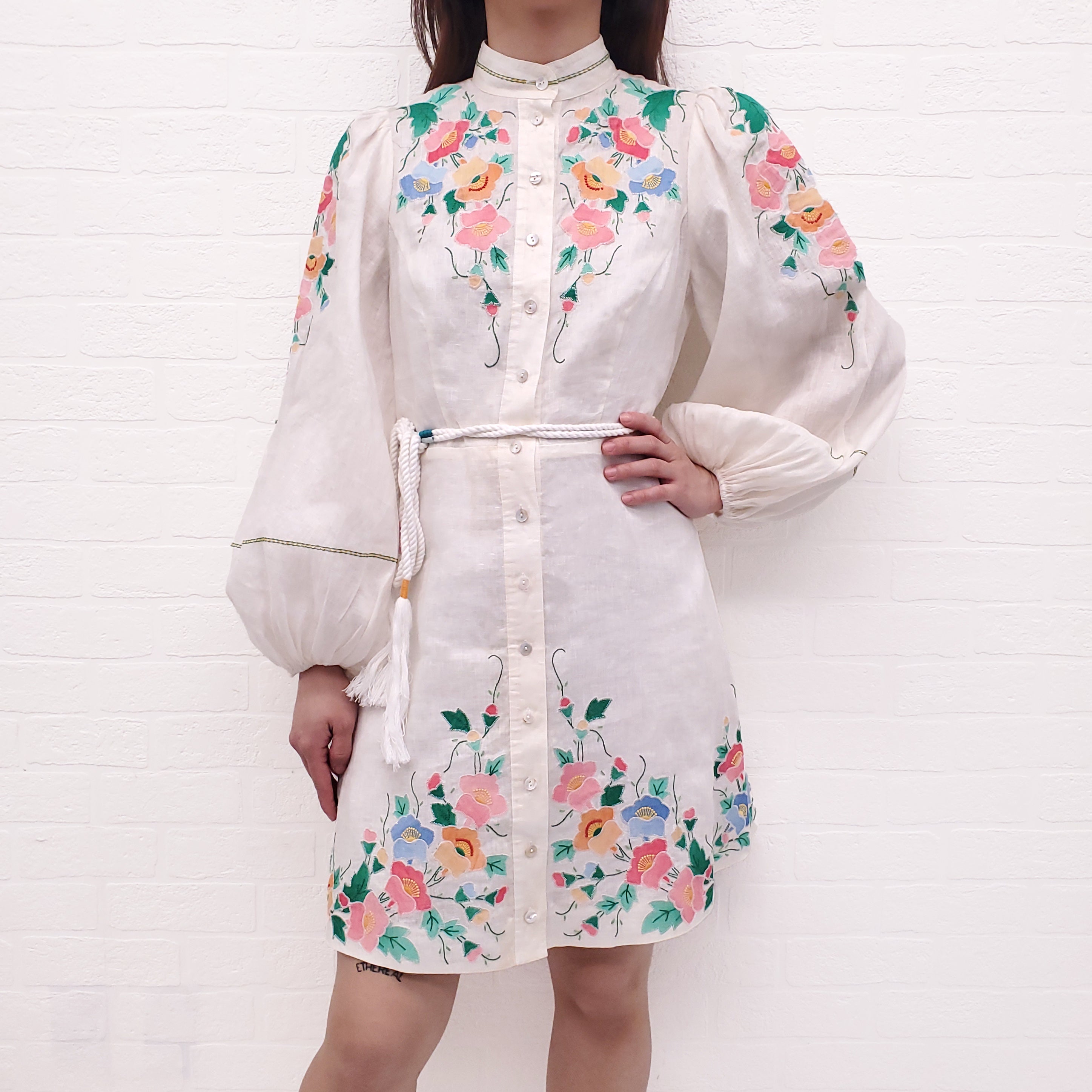 ZIMMERMANN WHITE FIESTA APPLIQUE BALLOON SLEEVED MINI DRESS - SIZE 0/XS