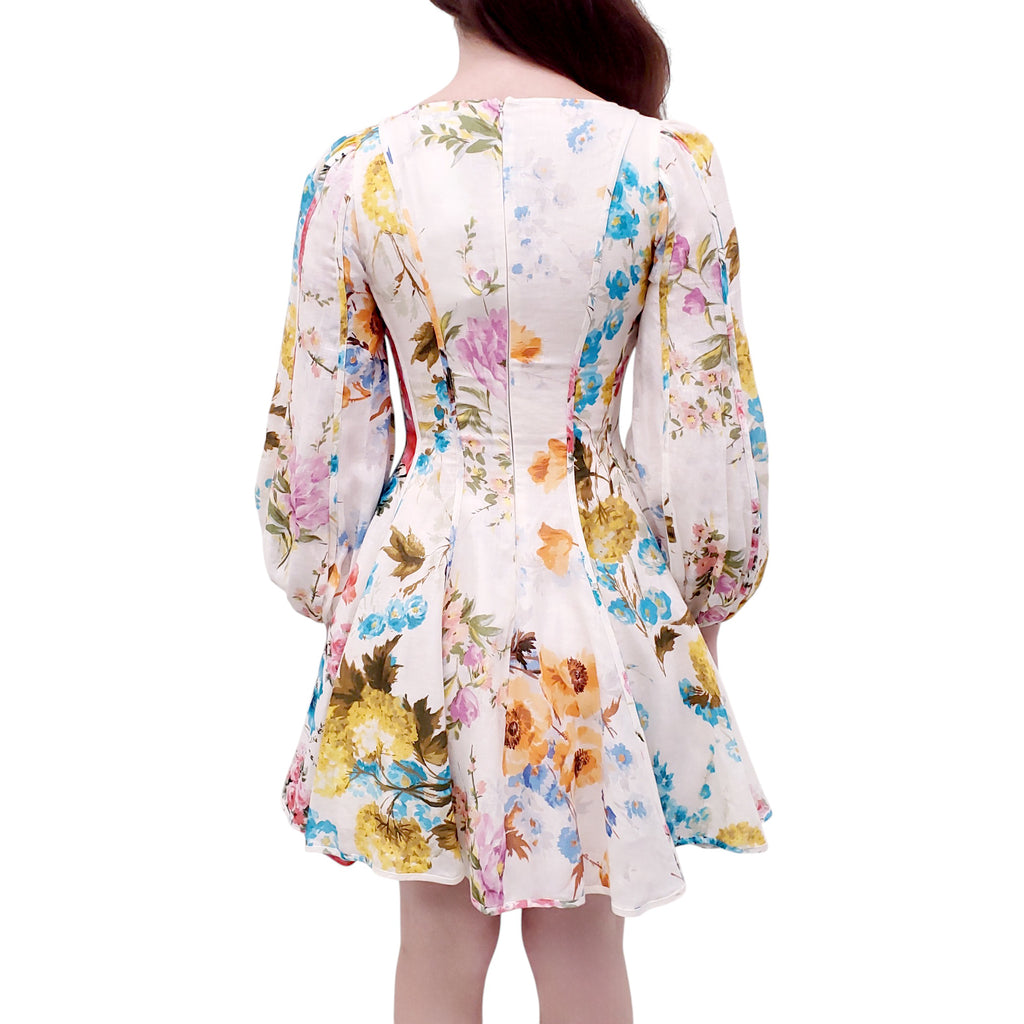 ZIMMERMANN WHITE FLORAL 'HALCYON PANELLED' MINI DRESS - SIZE 0 (US 4)