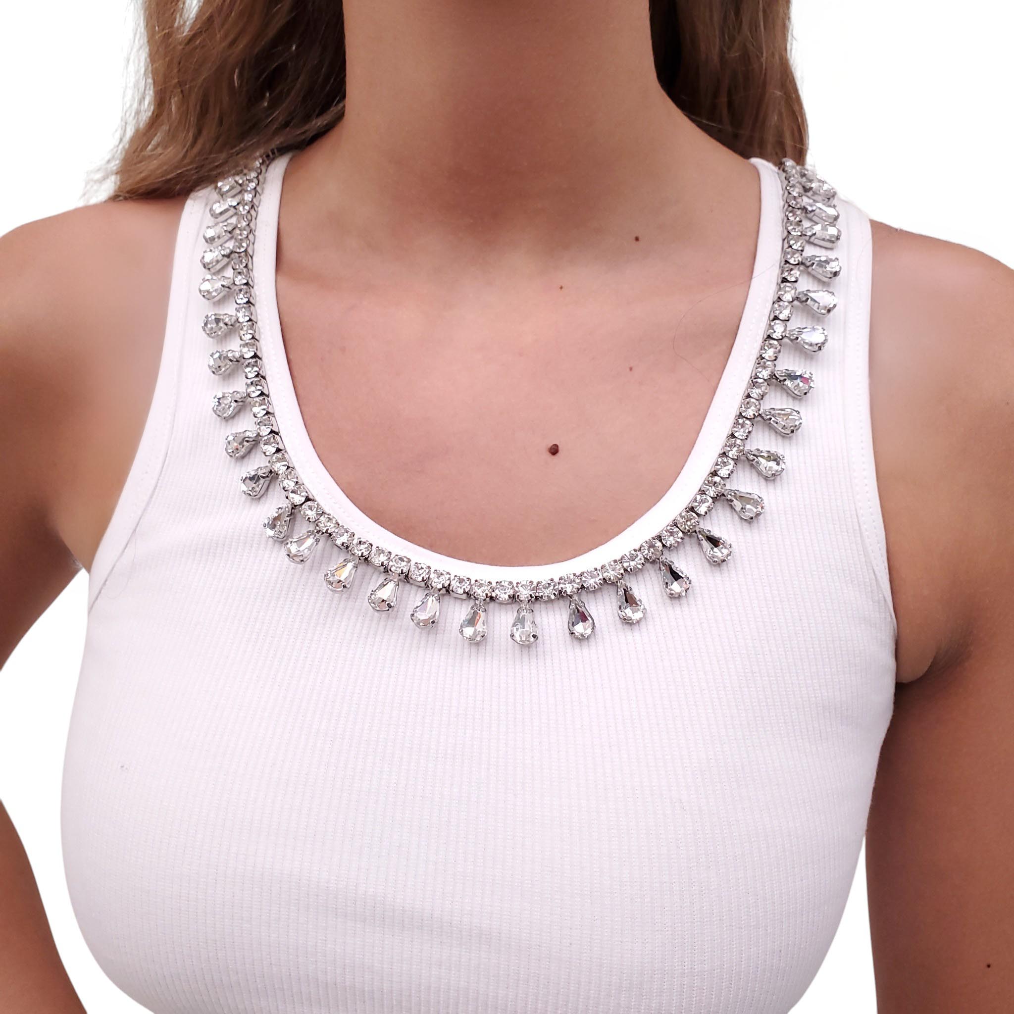 ZIMMERMANN WHITE RIBBED TANK TOP WITH CRYSTAL NECKLINE - SIZE OP/XXS