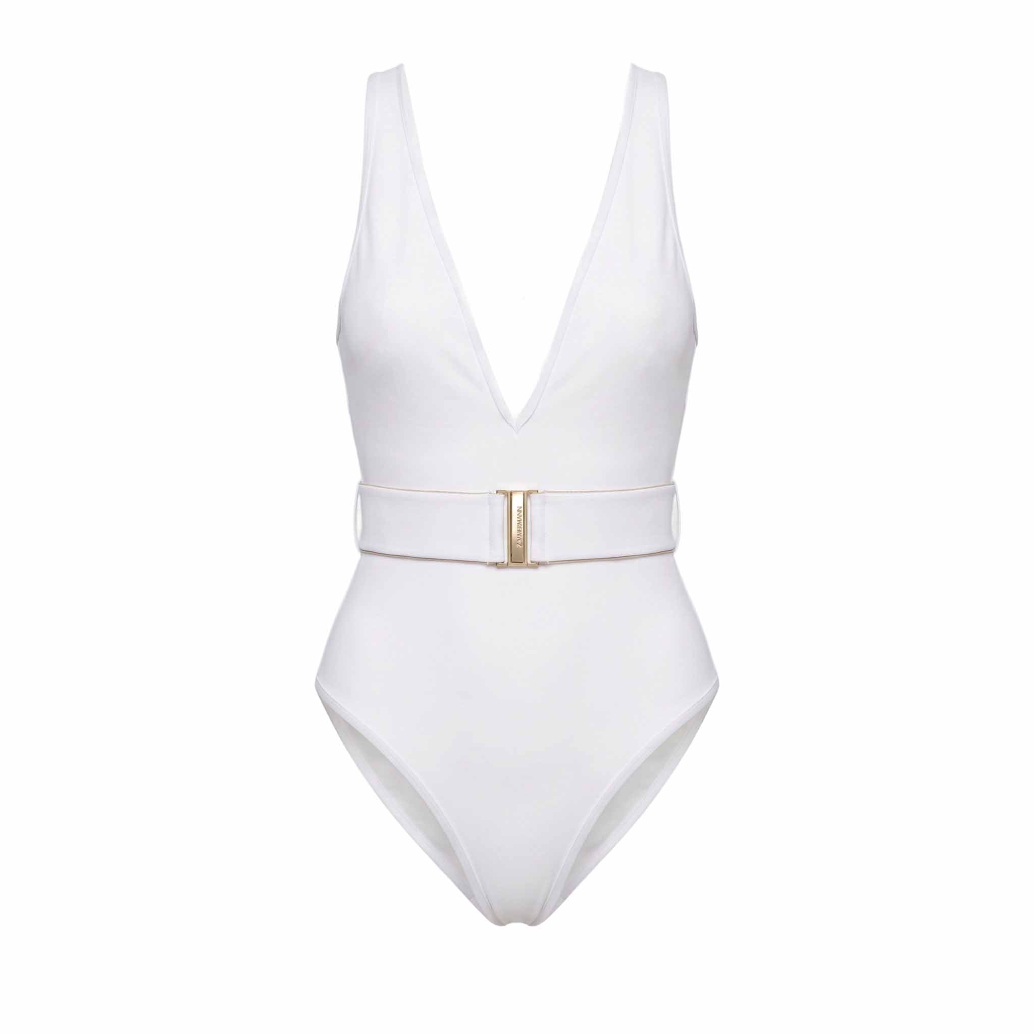 ZIMMERMANN WHITE 'JEANNIE' BELTED PLUNGE ONE-PIECE SWIMSUIT - SIZE 0 (US 4)