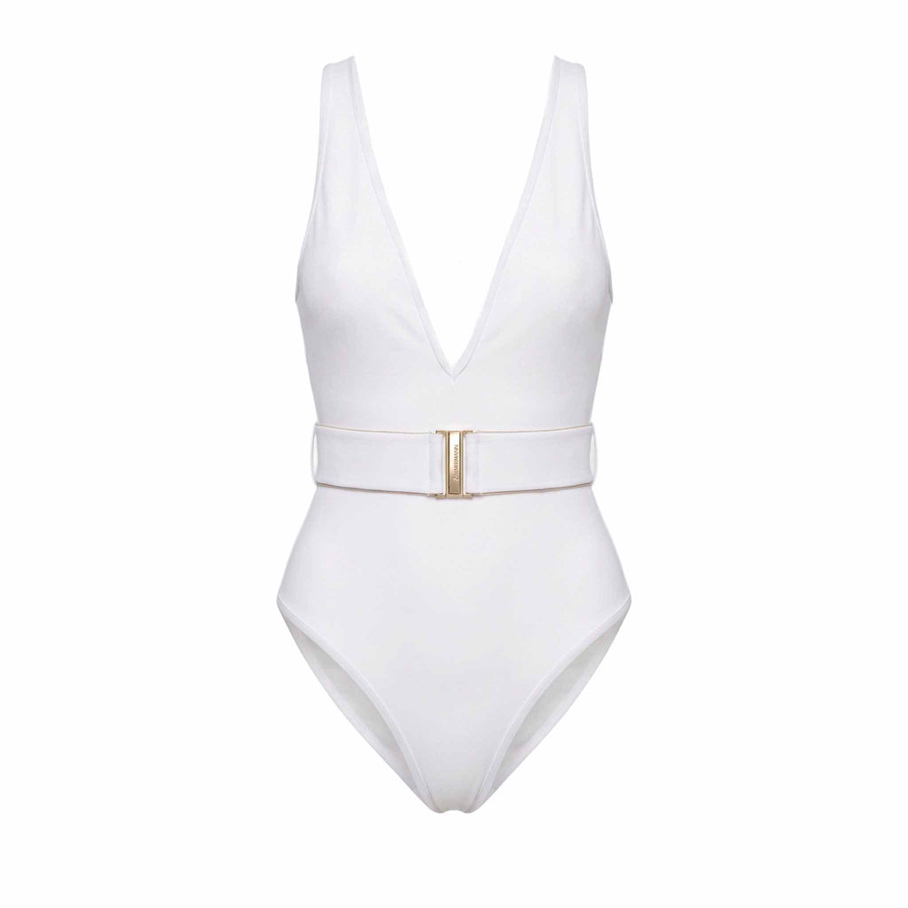 ZIMMERMANN WHITE 'JEANNIE' BELTED PLUNGE ONE-PIECE SWIMSUIT - SIZE 1 (US 6)