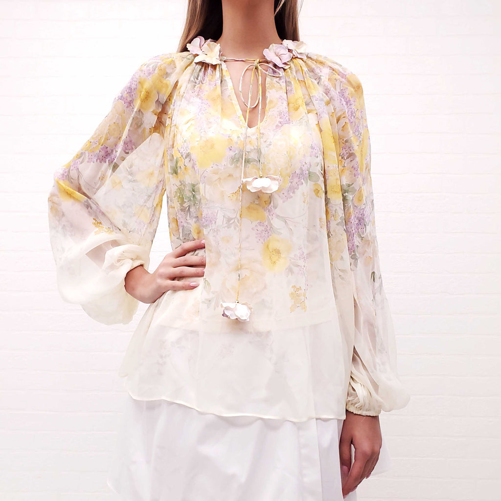 ZIMMERMANN YELLOW BLOUSE WITH FLORAL DETAIL - SIZE 1