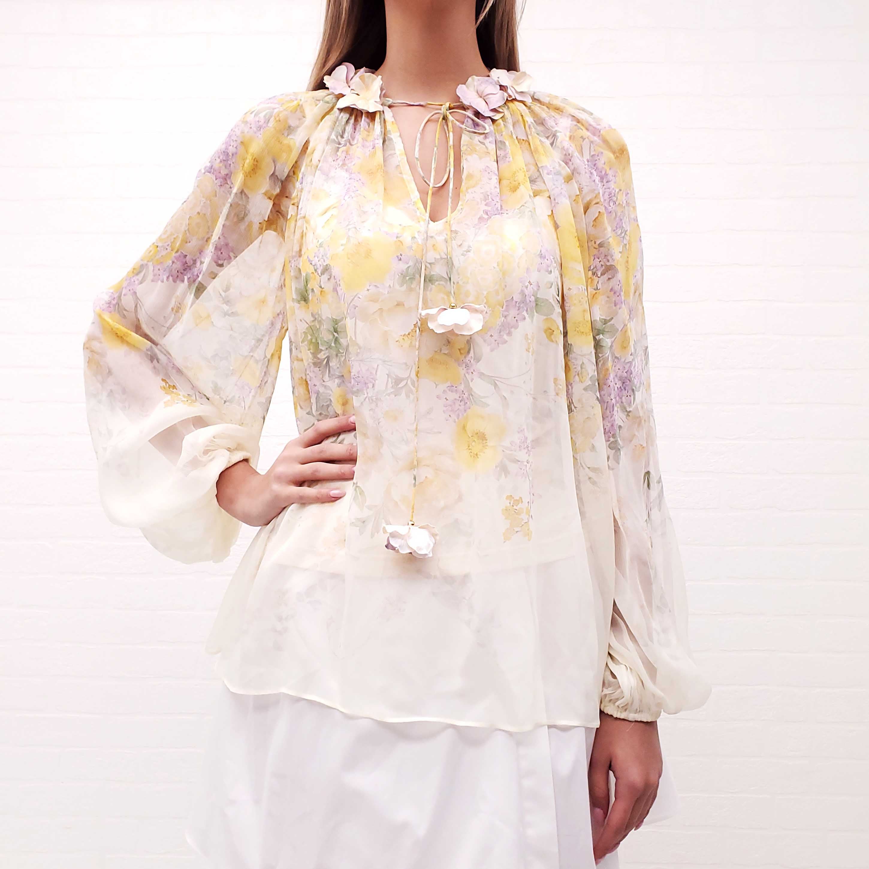 ZIMMERMANN YELLOW BLOUSE WITH FLORAL DETAIL - SIZE 1