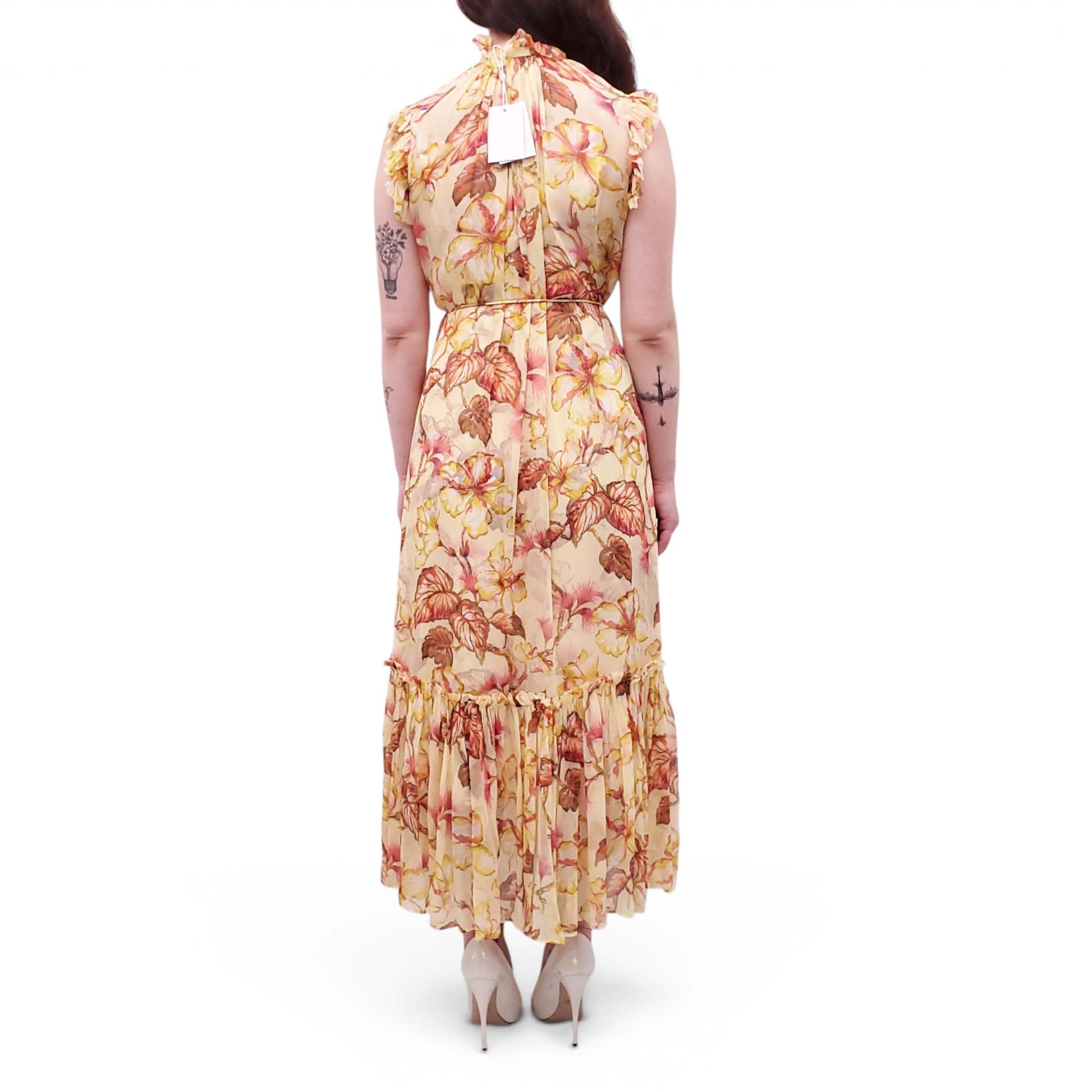 ZIMMERMANN YELLOW HIBISCUS 'MATCHMAKER FLUTTER' MIDI DRESS - SIZE 0 (US 4)