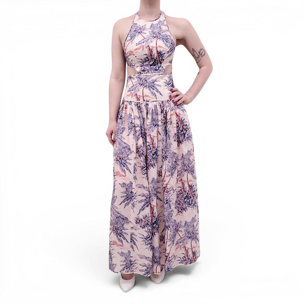 ZIMMERMANN LILAC PALM TREE 'CIRA' HALTER CUTOUT MIDI DRESS - SIZE 0 (US 4)