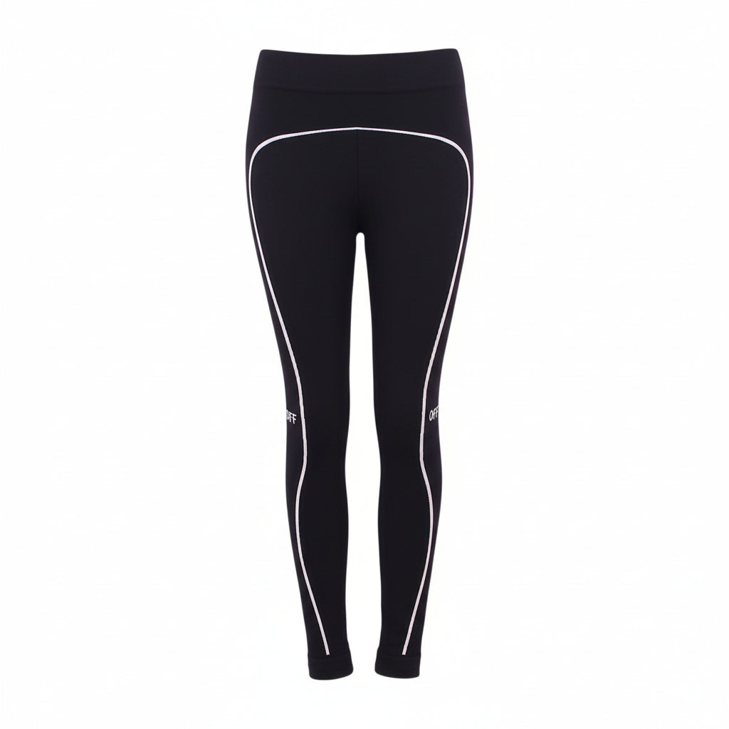 OFF-WHITE BLACK LOGO LEGGINGS WITH WHITE STRIPE DETAIL - SIZE S