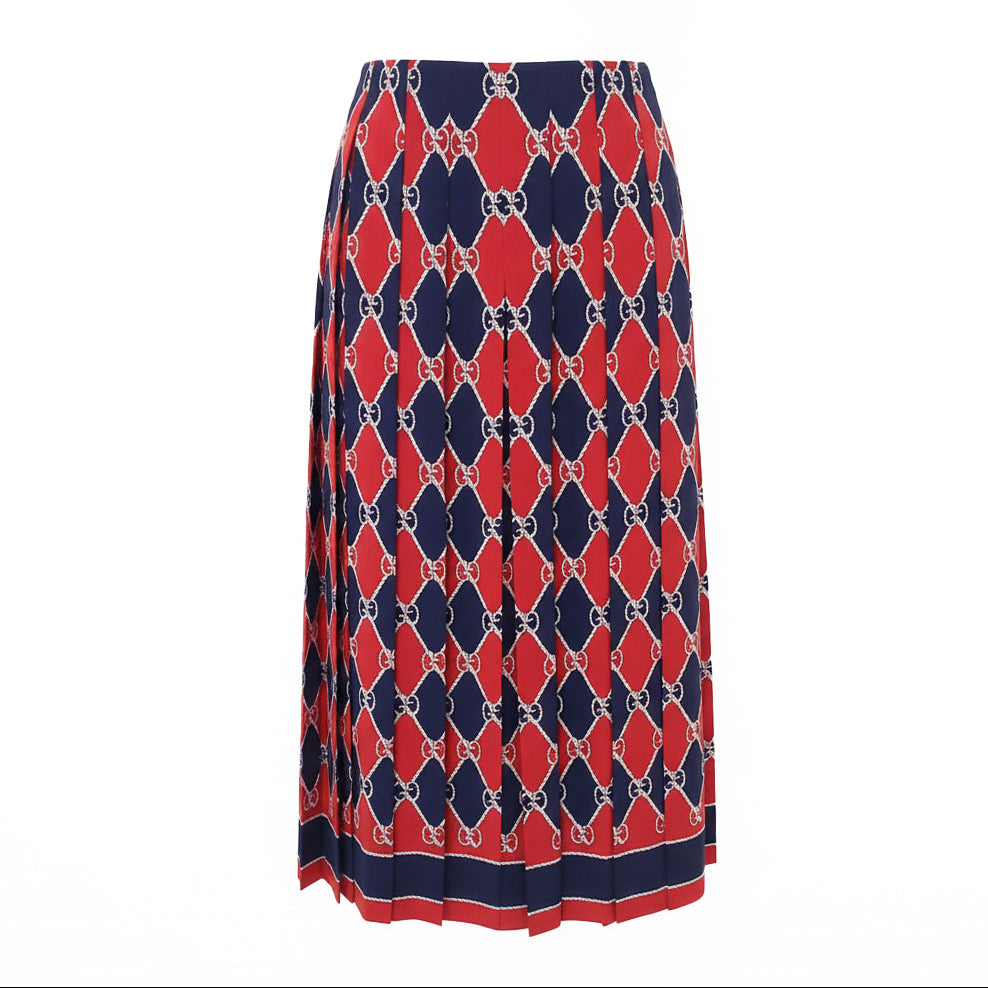GUCCI NAVY AND RED LOGO SILK PLEATED SKIRT - SIZE 40