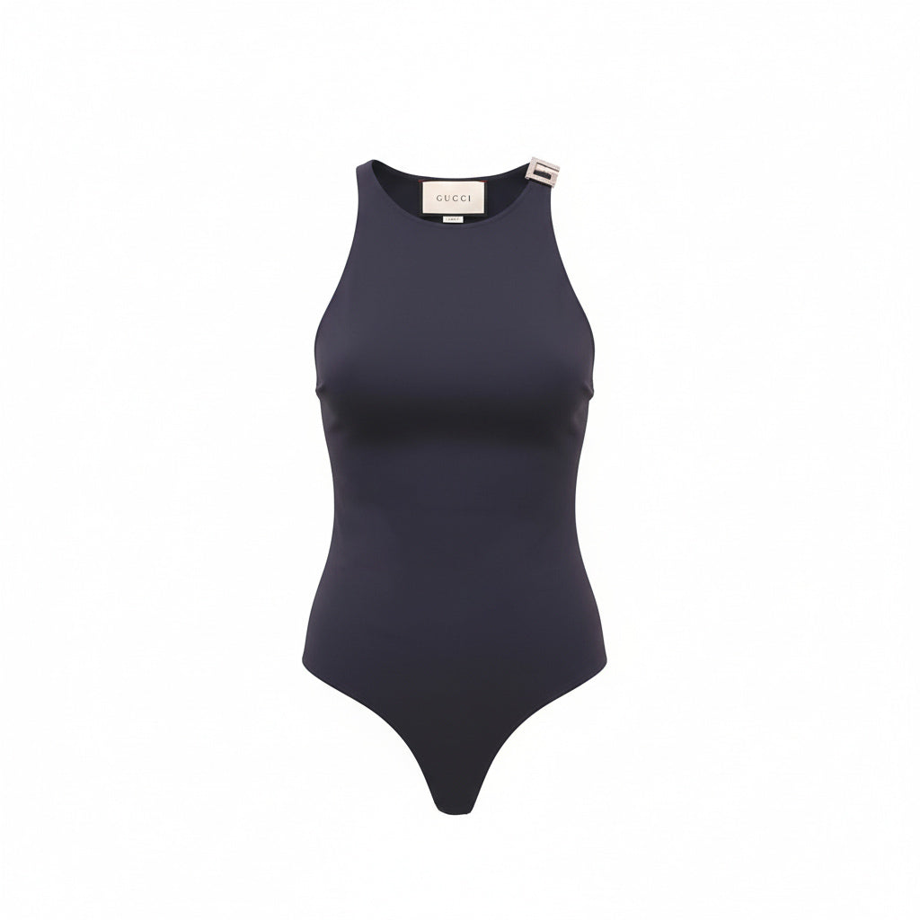 GUCCI BLACK STRETCH BODYSUIT WITH GG LOGO - SIZE S