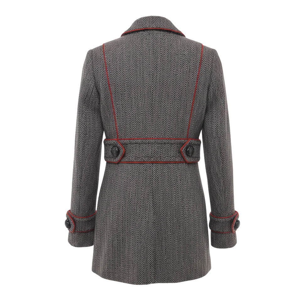 GUCCI GREY HERRINGBONE WOOL PEACOAT WITH LEATHER BUTTONS - SIZE 36