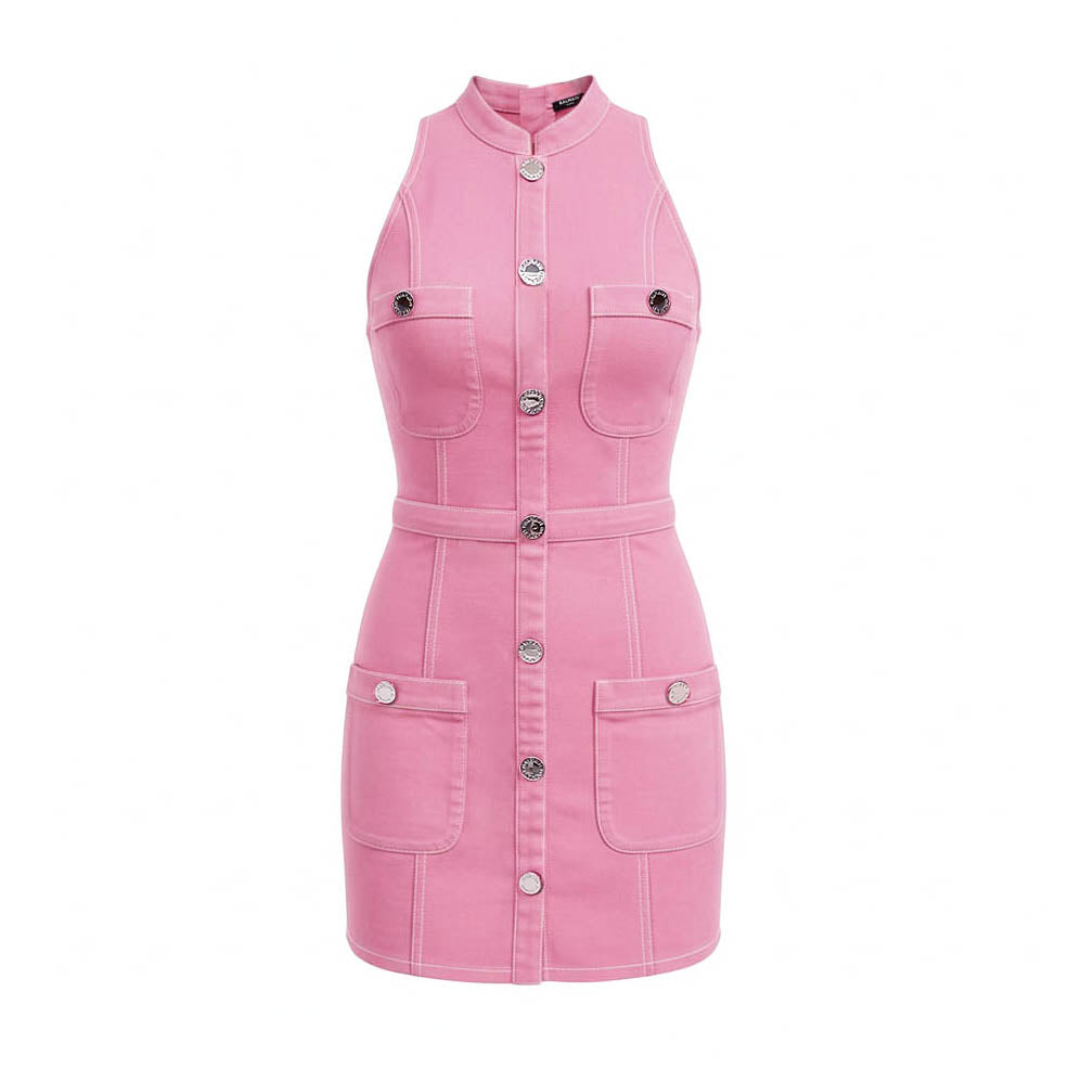 BALMAIN PINK DENIM MOCK NECK MINI DRESS - SIZE 38