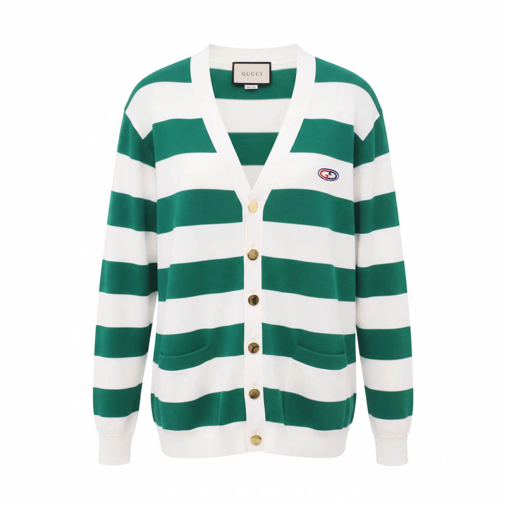 GUCCI OVERSIZED GREEN AND WHITE STRIPED COTTON CARDIGAN WITH LOGO - SIZE XS