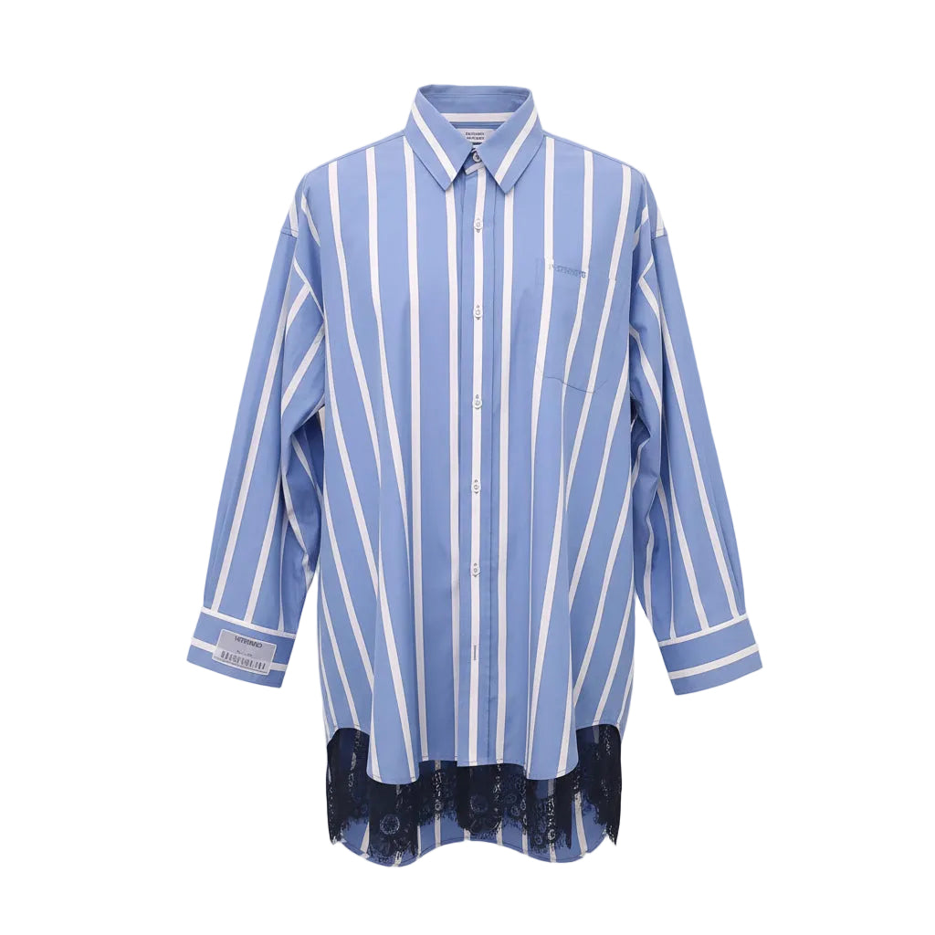 VETEMENTS STRIPED OVERSIZED BLOUSE WITH BLACK LACE DETAIL  SIZE S