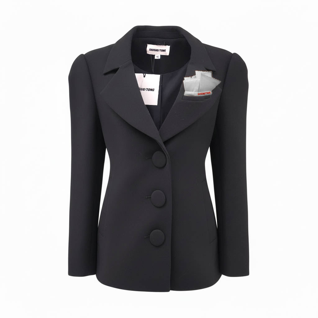 SHUSHU/TONG BLACK OVERSIZED BLAZER WITH WHITE POCKET DETAIL - SIZE UK 10 (US 6)