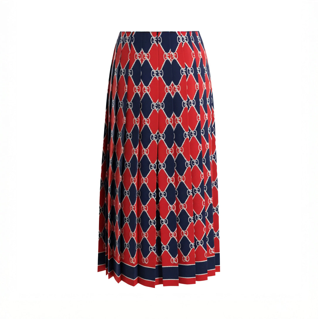 GUCCI NAVY AND RED LOGO SILK PLEATED SKIRT - SIZE 40