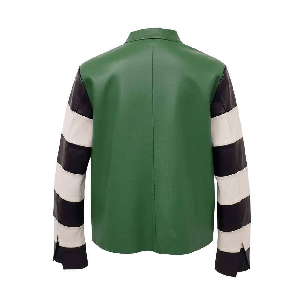 ACNE STUDIOS GREEN STRIPED DETAILED LEATHER JACKET - SIZE 34 (OVERSIZED)