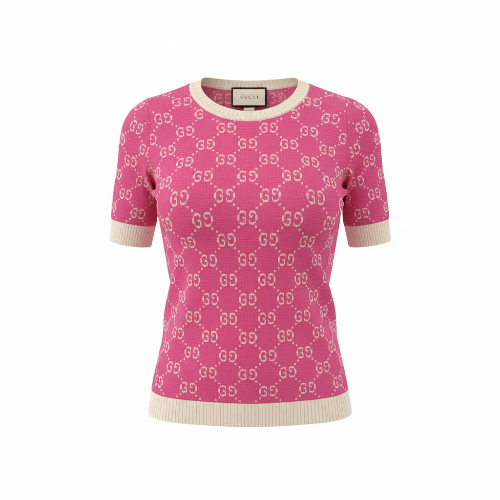 GUCCI PINK LOGO SHORT SLEEVE SWEATER - SIZE XS