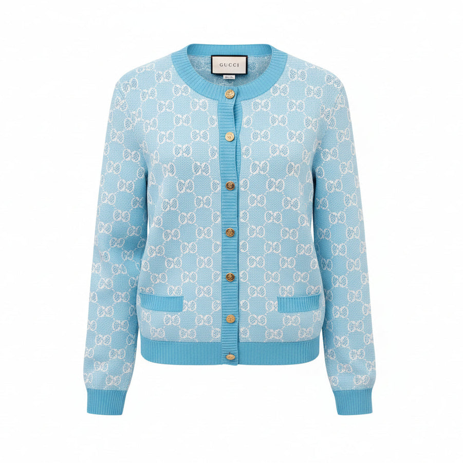 GUCCI TURQUOISE BLUE LOGO CARDIGAN - SIZE L