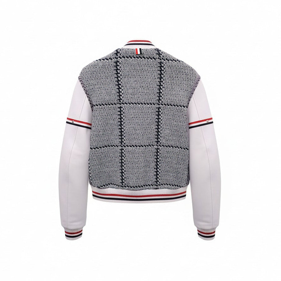 THOM BROWNE GREY WOOL VARSITY JACKET WITH LEATHER SLEEVES - SIZE 40