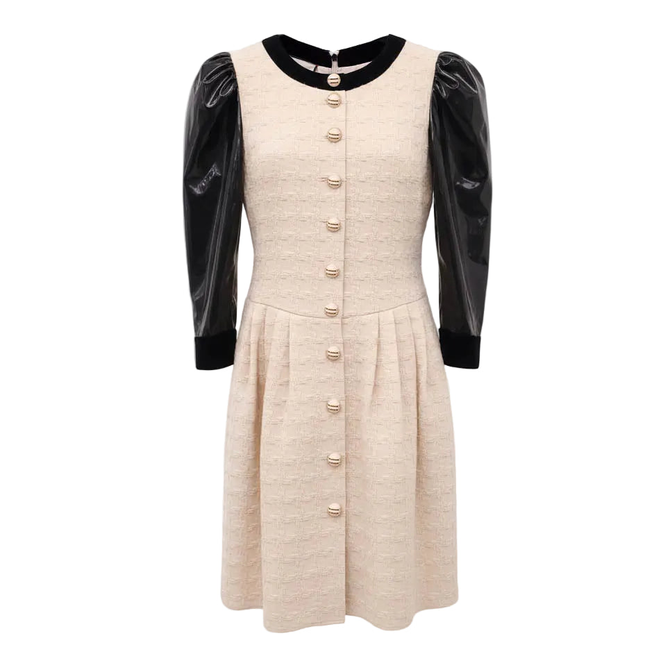 GUCCI CREAM TWEED DRESS WITH PATENT SLEEVE DETAIL - SIZE 42