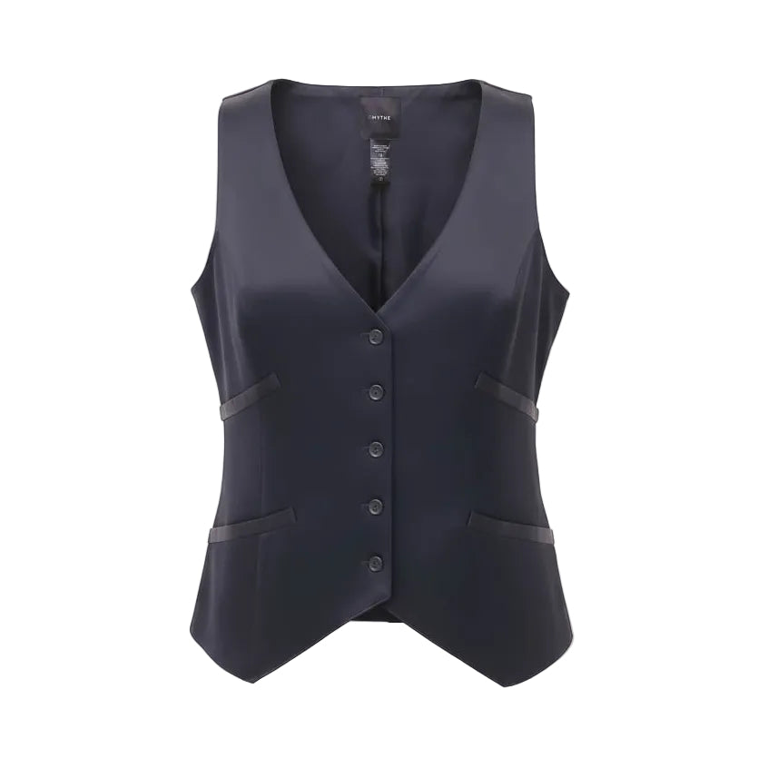 SMYTHE 3-PIECE BLACK SATIN SUIT WITH VEST, PANTS & JACKET - SIZE 12