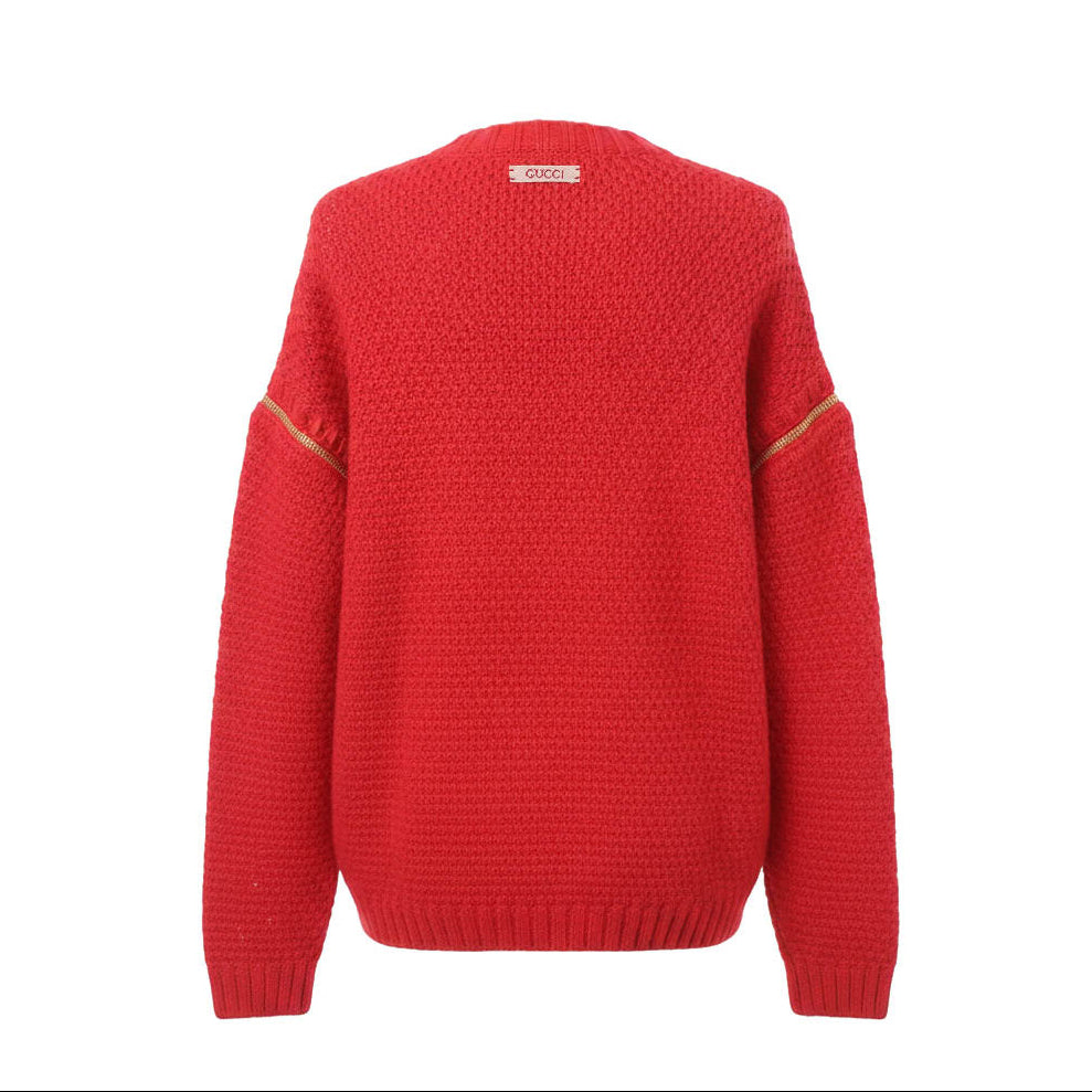 GUCCI OVERSIZED RED CABLEKNIT SWEATER WITH ZIPPER DETAIL AND LOGO - SIZE XS