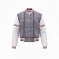 THOM BROWNE GREY WOOL VARSITY JACKET WITH LEATHER SLEEVES - SIZE 40