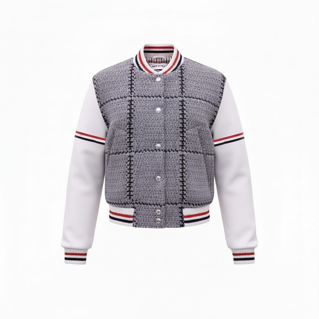 THOM BROWNE GREY WOOL VARSITY JACKET WITH LEATHER SLEEVES - SIZE 40